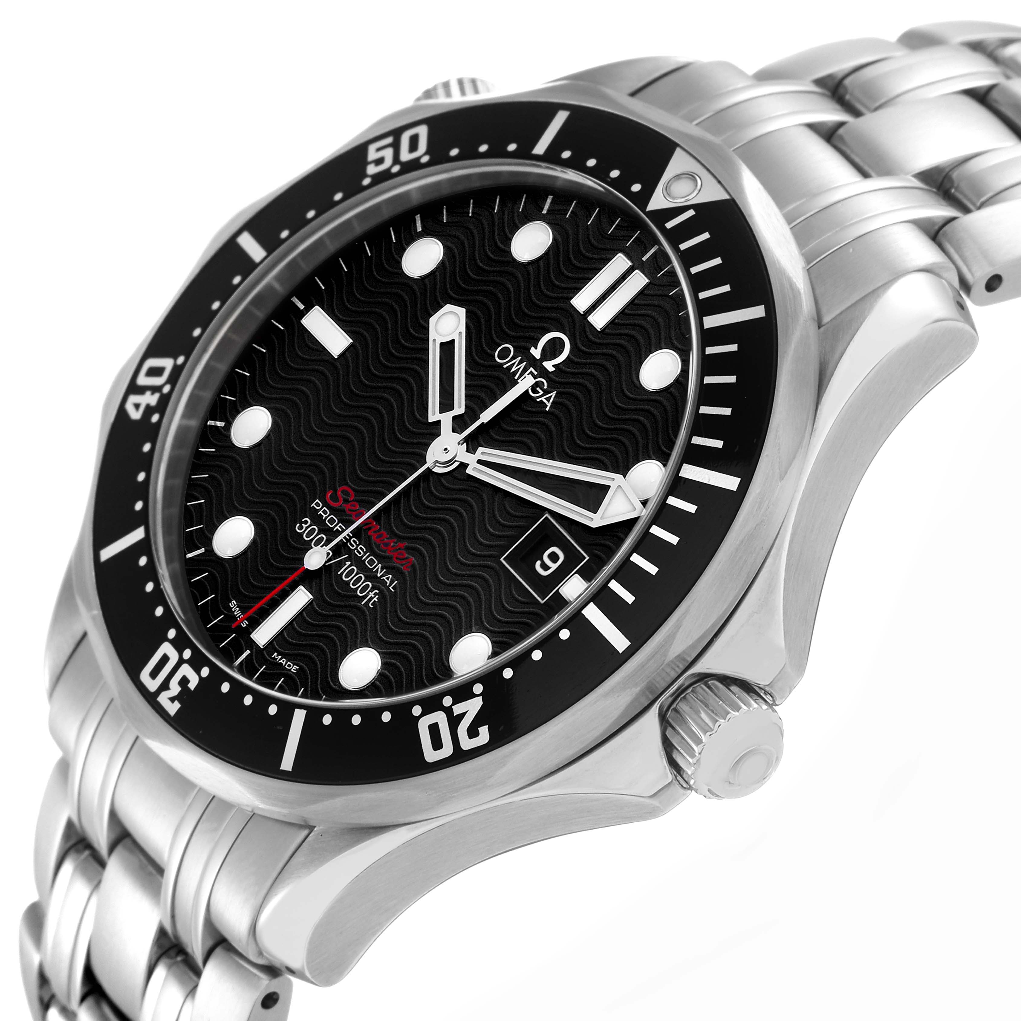 The Omega Seamaster 212.30.41.61.01.001 Men
s Stainless Steel Black Dial watch is shown at an angled view highlighting the face, bezel, crown, and stainless steel bracelet.