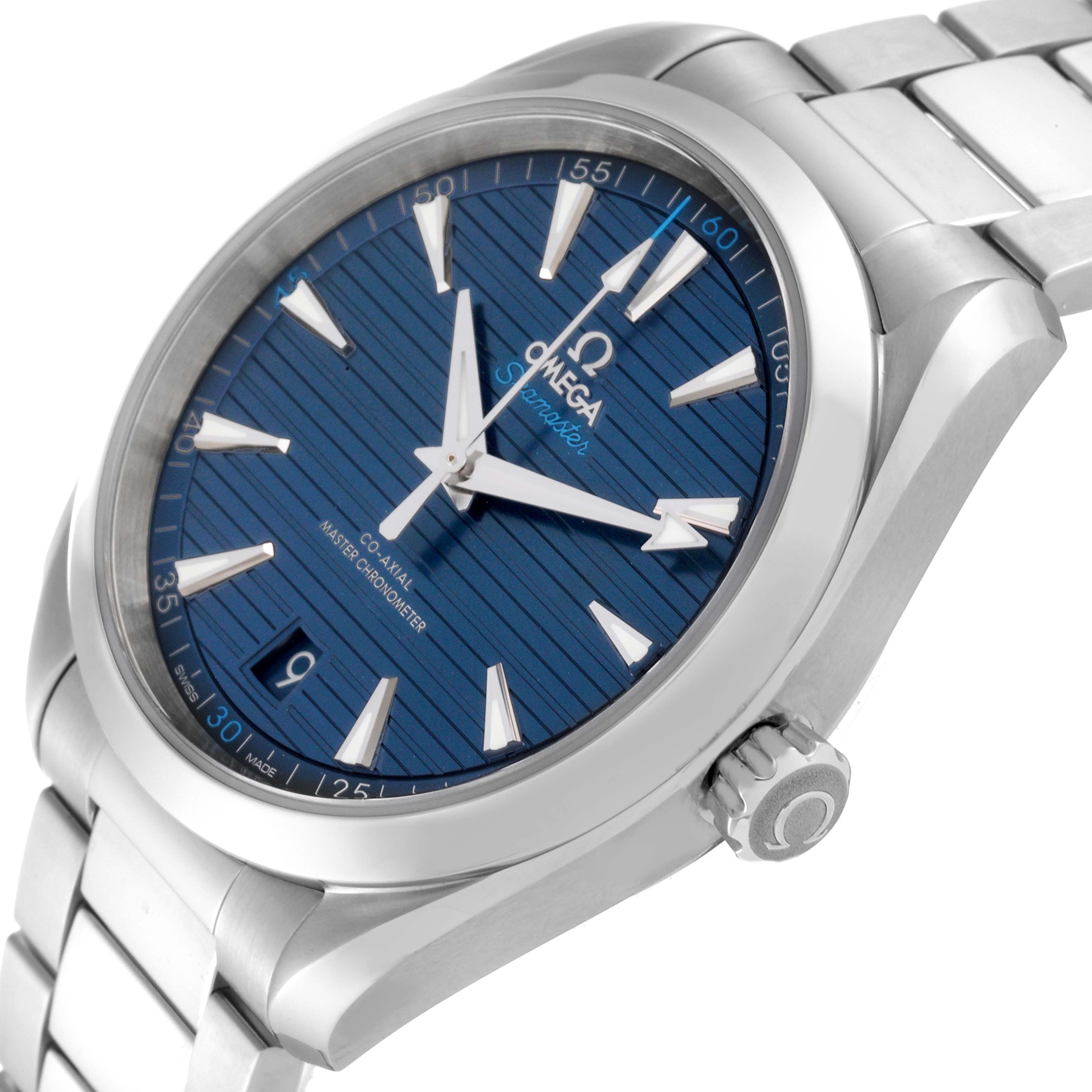 The Omega Aqua Terra 220.10.41.21.03.001 Men
s Stainless Steel Blue Dial 220.10.41.21.03.001 Men
s Stainless Steel Blue Dial watch is shown at a slight angle, displaying its blue dial, crown, and part of the stainless steel bracelet.