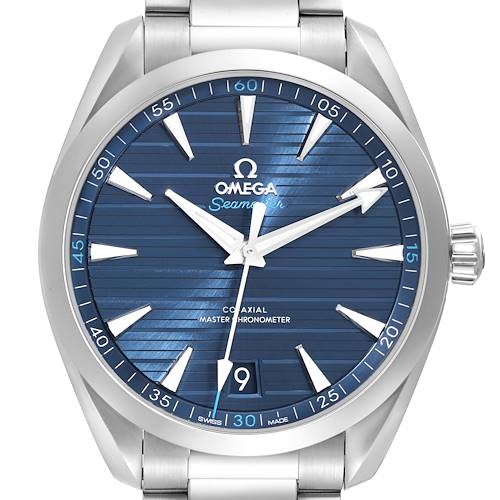 The Aqua Terra model by Omega is shown from a front angle, displaying its blue dial, silver hands, and bracelet.