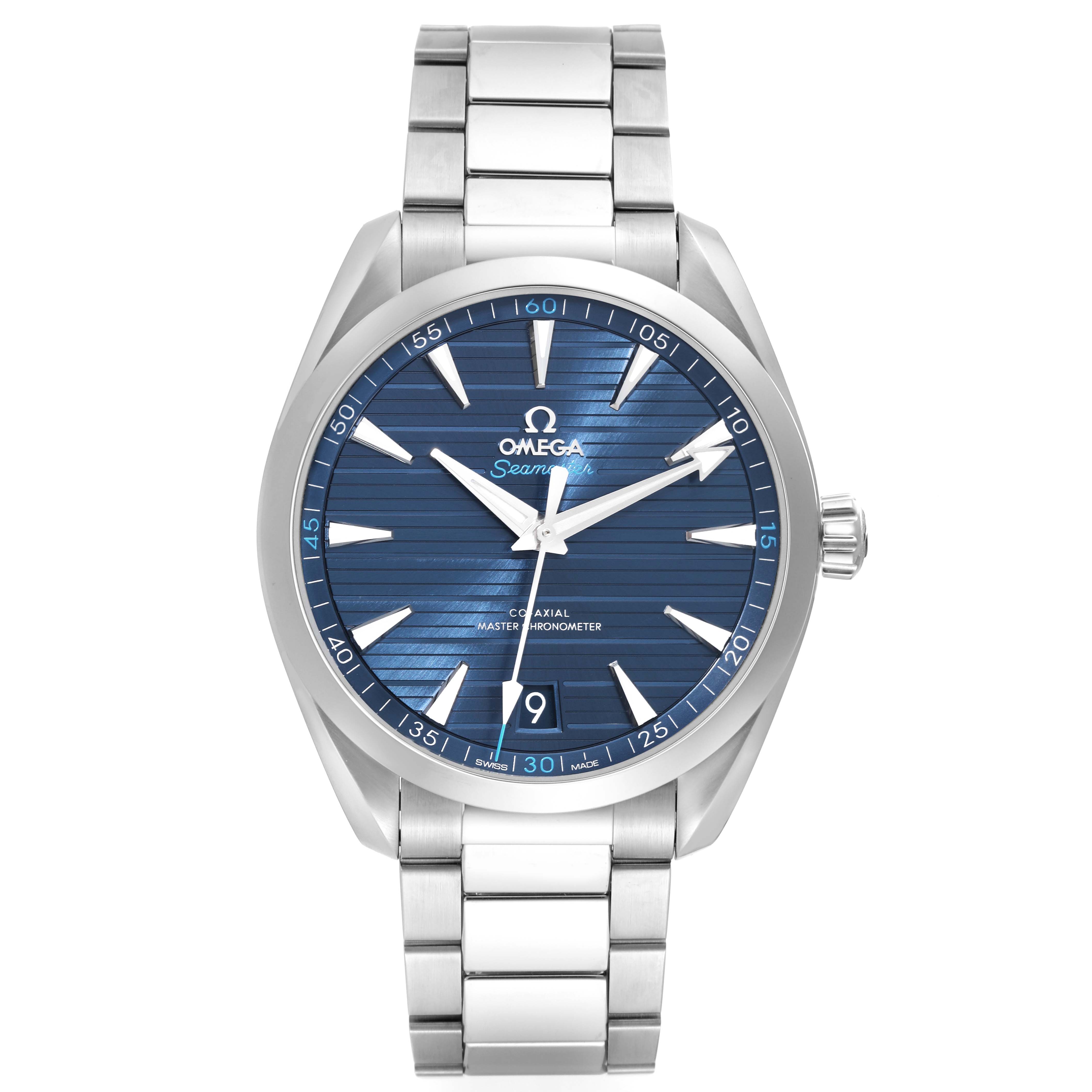 The Omega Aqua Terra 220.10.41.21.03.001 Men
s Stainless Steel Blue Dial 220.10.41.21.03.001 Men
s Stainless Steel Blue Dial watch is shown from the front, highlighting its blue dial, silver hands, and stainless steel bracelet.