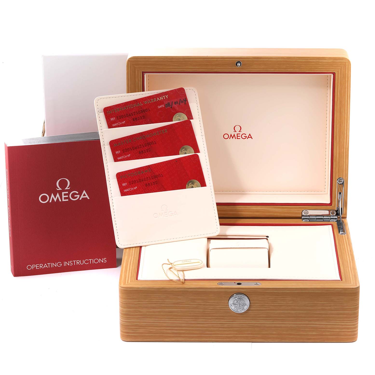 The image shows the packaging and accessories of an Omega Aqua Terra 220.10.41.21.03.001 Men
s Stainless Steel Blue Dial 220.10.41.21.03.001 Men
s Stainless Steel Blue Dial watch, including a wooden box, instruction booklet, and warranty cards.