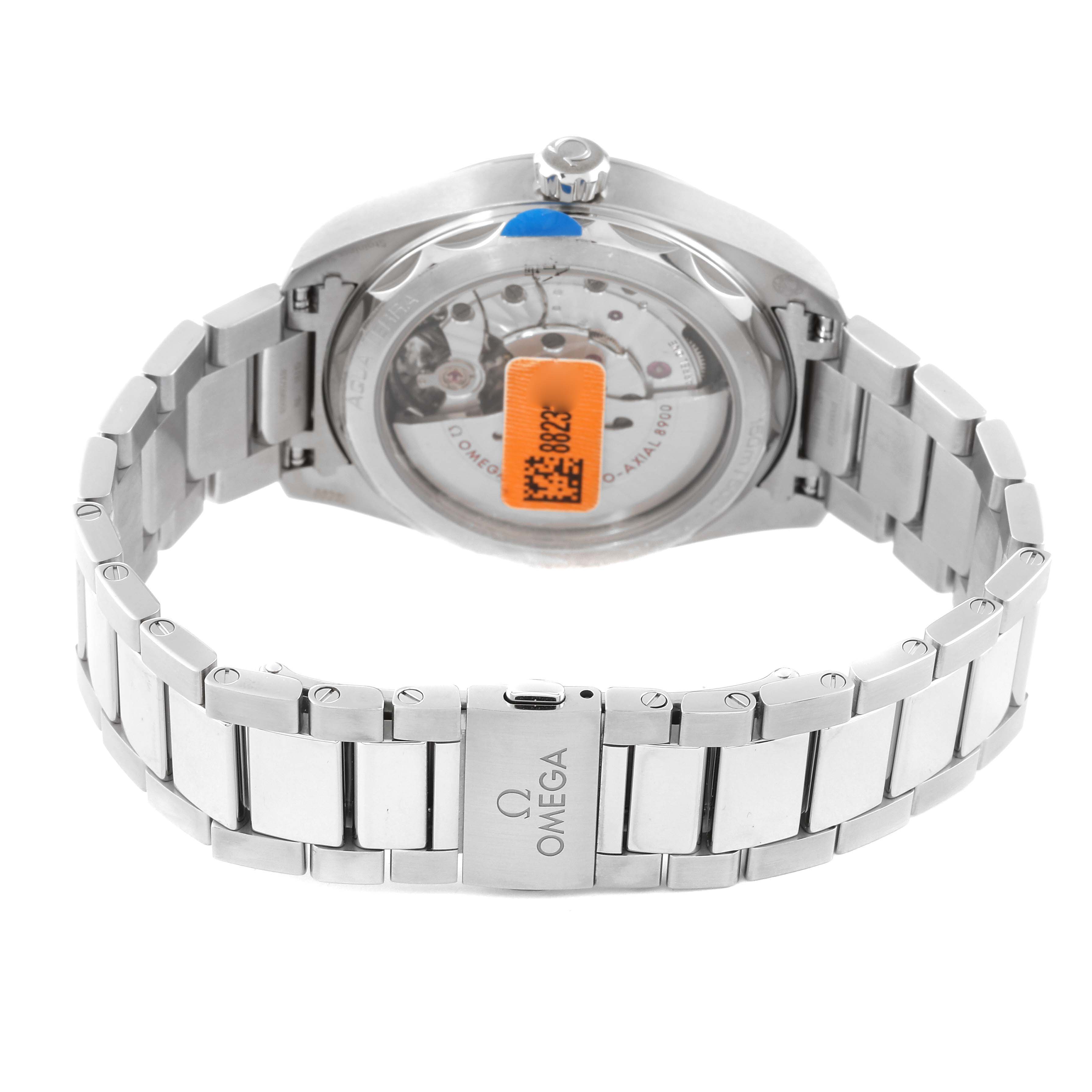 This image shows the back view of the Omega Aqua Terra 220.10.41.21.03.001 Men
s Stainless Steel Blue Dial 220.10.41.21.03.001 Men
s Stainless Steel Blue Dial watch, including the bracelet and transparent case back.