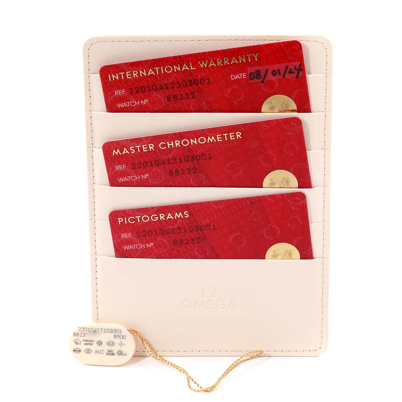 The image shows warranty cards and certification cards for the Omega Aqua Terra 220.10.41.21.03.001 Men
s Stainless Steel Blue Dial 220.10.41.21.03.001 Men
s Stainless Steel Blue Dial model within a beige card holder.