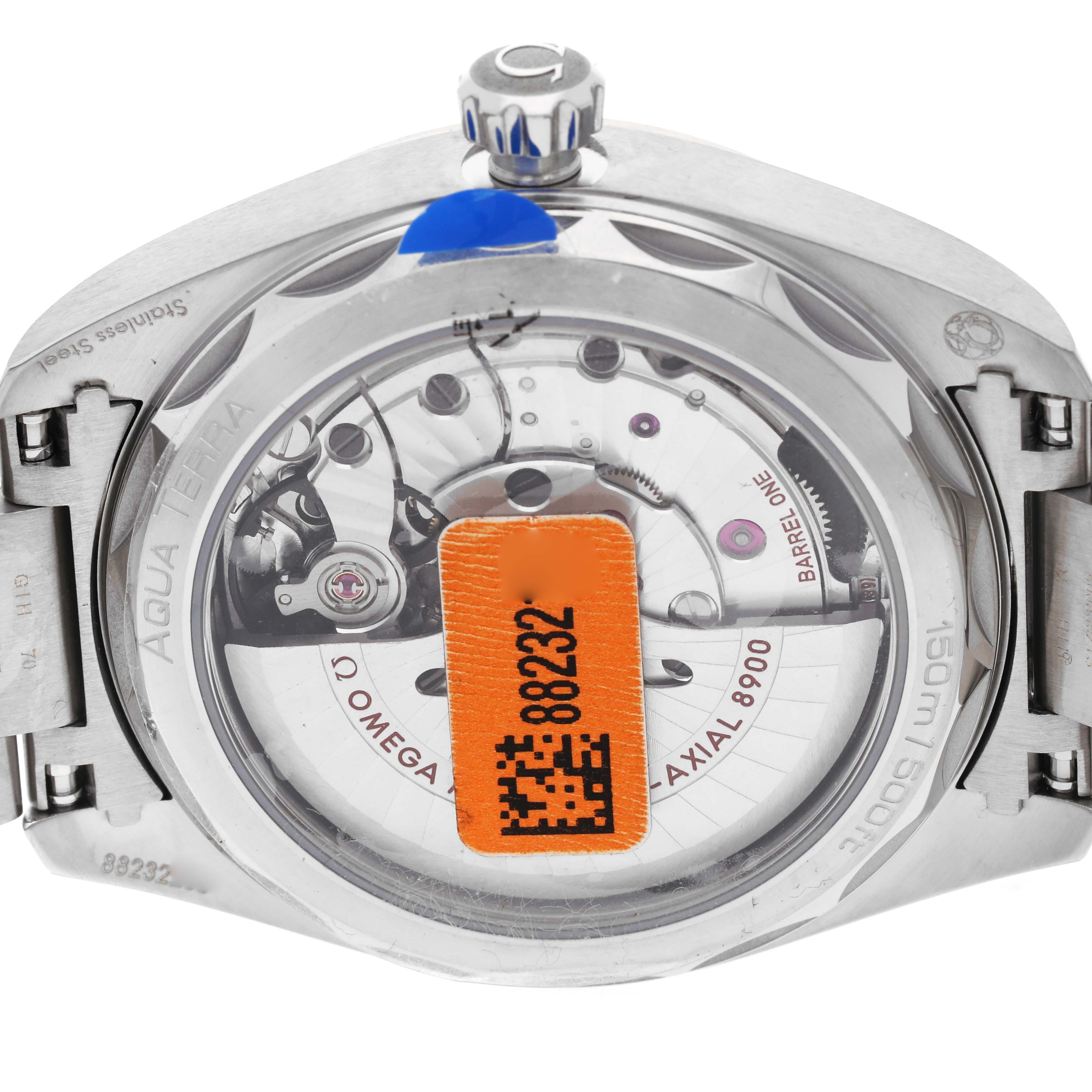 The image shows the back view of the Omega Aqua Terra 220.10.41.21.03.001 Men
s Stainless Steel Blue Dial 220.10.41.21.03.001 Men
s Stainless Steel Blue Dial watch, highlighting its movement and stainless steel caseback.