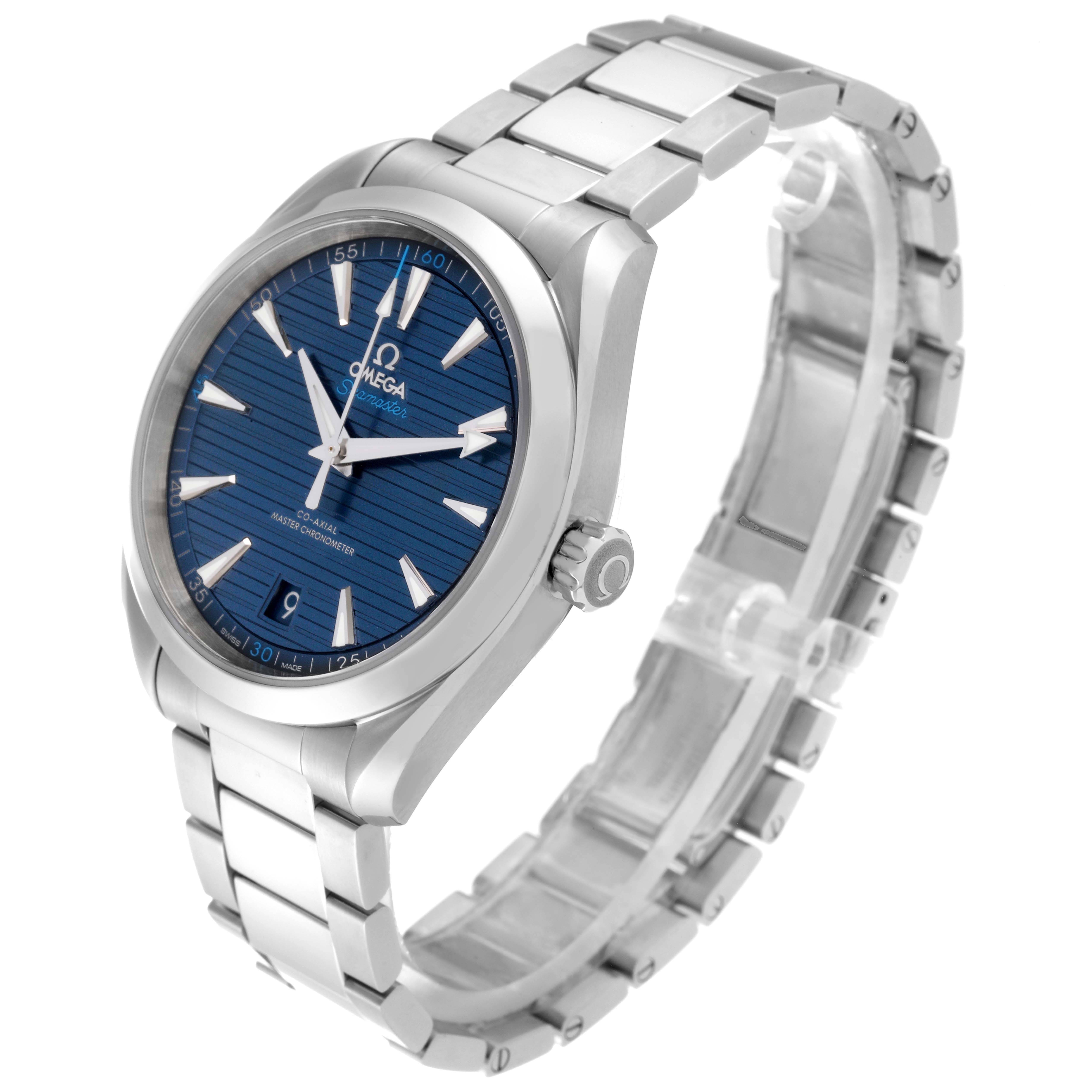 The Omega Aqua Terra 220.10.41.21.03.001 Men
s Stainless Steel Blue Dial 220.10.41.21.03.001 Men
s Stainless Steel Blue Dial watch is shown from a three-quarter angle, displaying the dial, bezel, and stainless steel bracelet.
