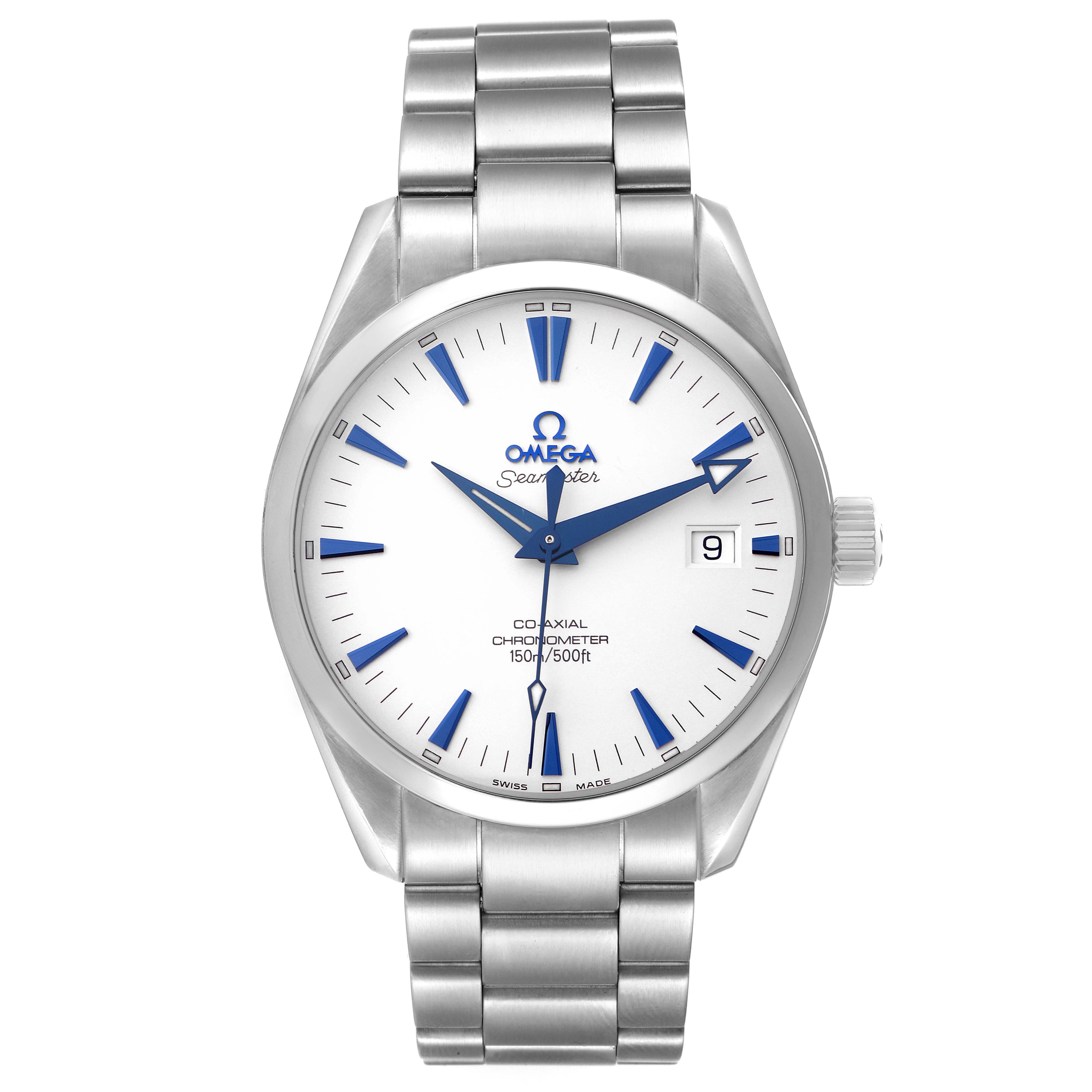 The Omega Aqua Terra 2503.33.00 Men
s Stainless Steel Silver Dial watch is shown from a front angle, displaying its face, bracelet, and crown.