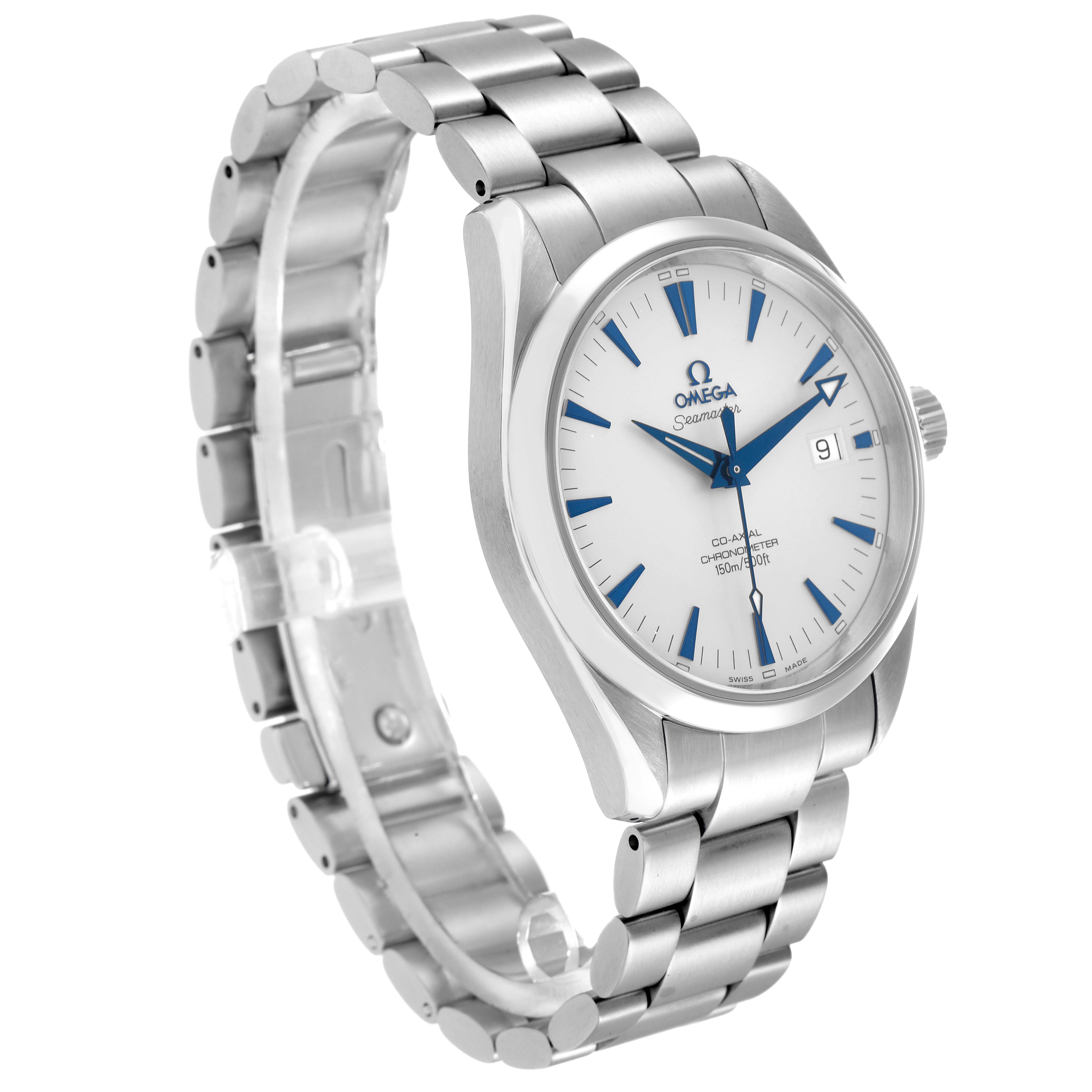 The Omega Aqua Terra 2503.33.00 Men
s Stainless Steel Silver Dial watch is shown at a slight angle, displaying the face, bezel, crown, and metal bracelet.