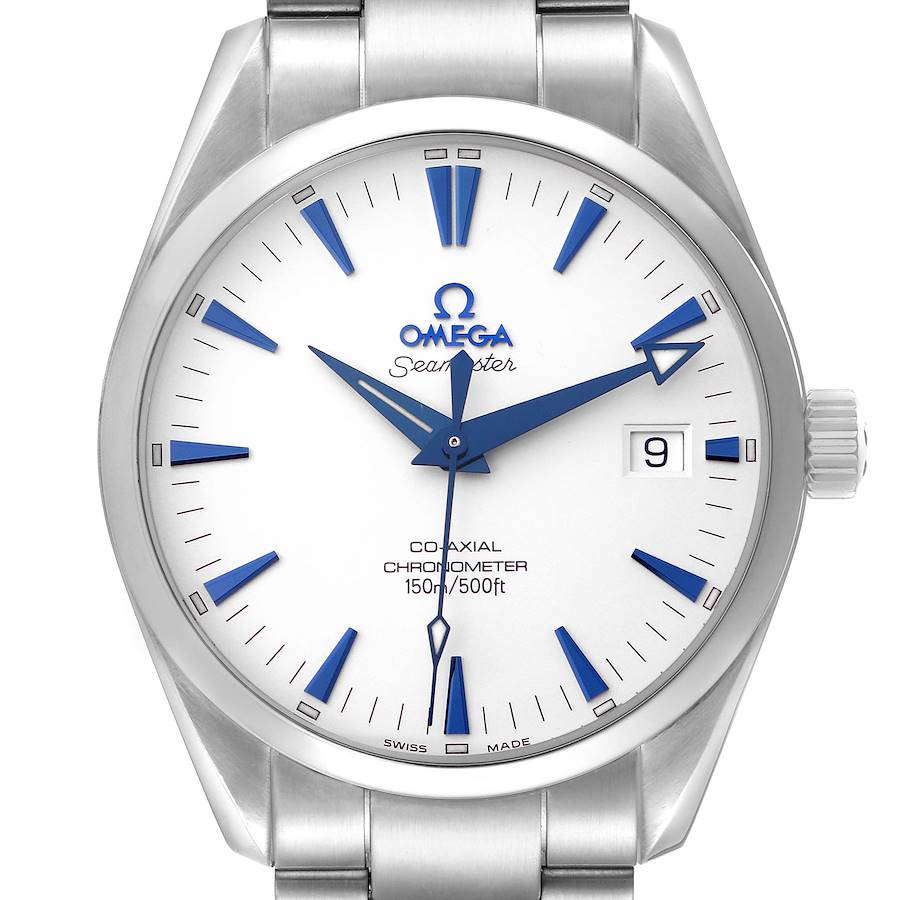 The image shows a frontal view of the Omega Aqua Terra Seamaster, model 2503.33.00, highlighting the white dial, blue markers, and stainless steel bracelet.