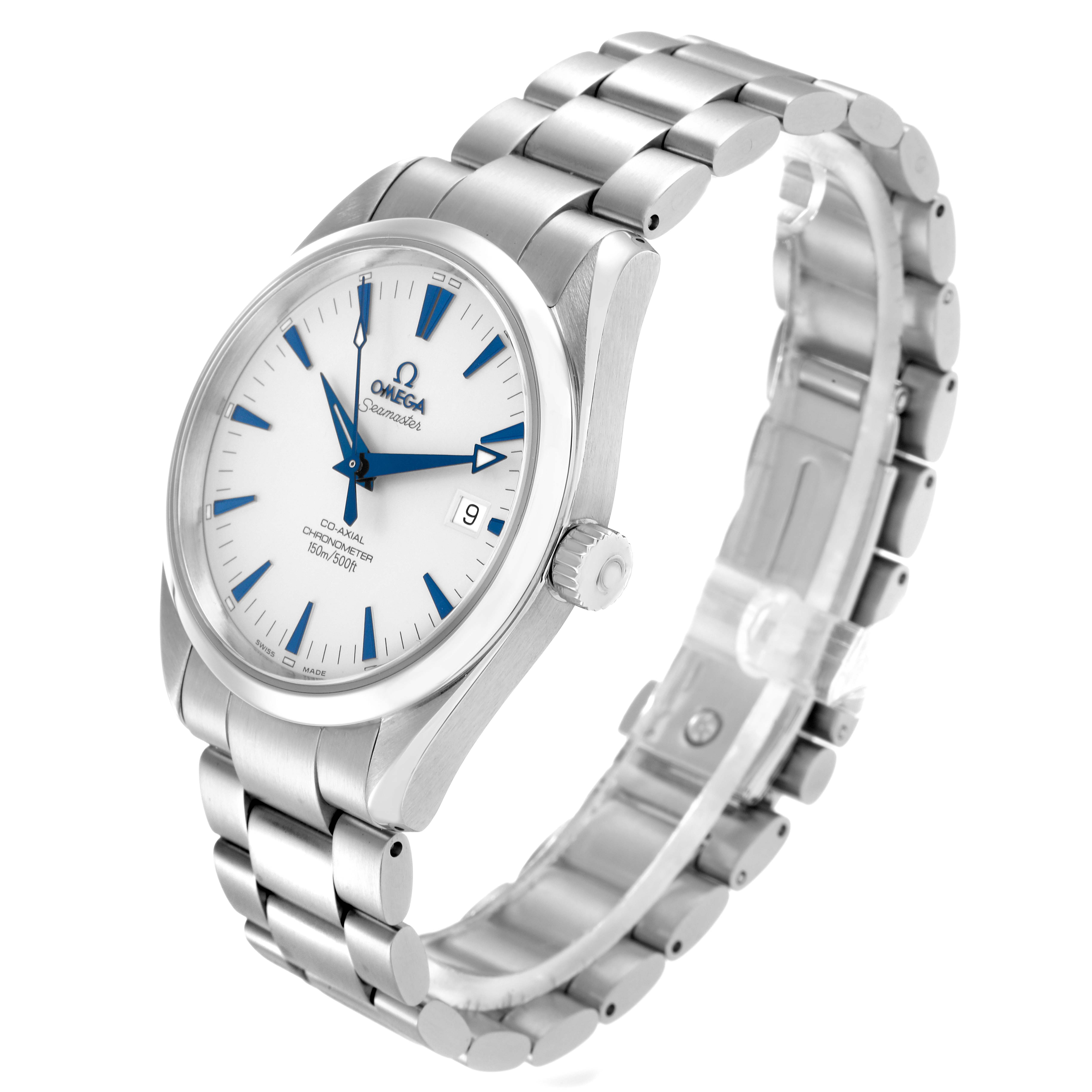 The Omega Aqua Terra 2503.33.00 Men
s Stainless Steel Silver Dial watch is shown at a three-quarter angle highlighting the face, bezel, bracelet, and crown.