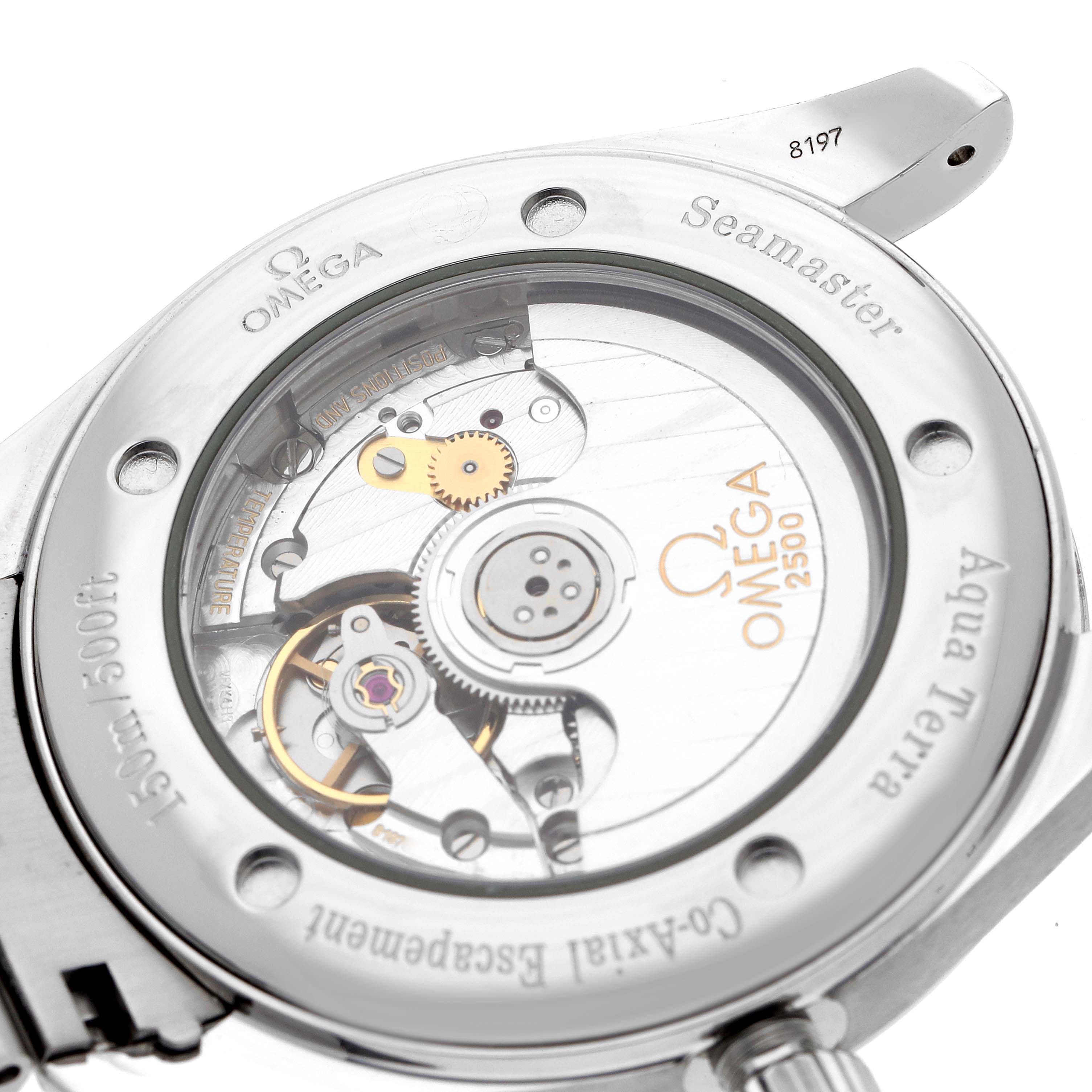 The image shows the back case of the Omega Aqua Terra 2503.33.00 Men
s Stainless Steel Silver Dial watch, revealing its exposed mechanical movement.