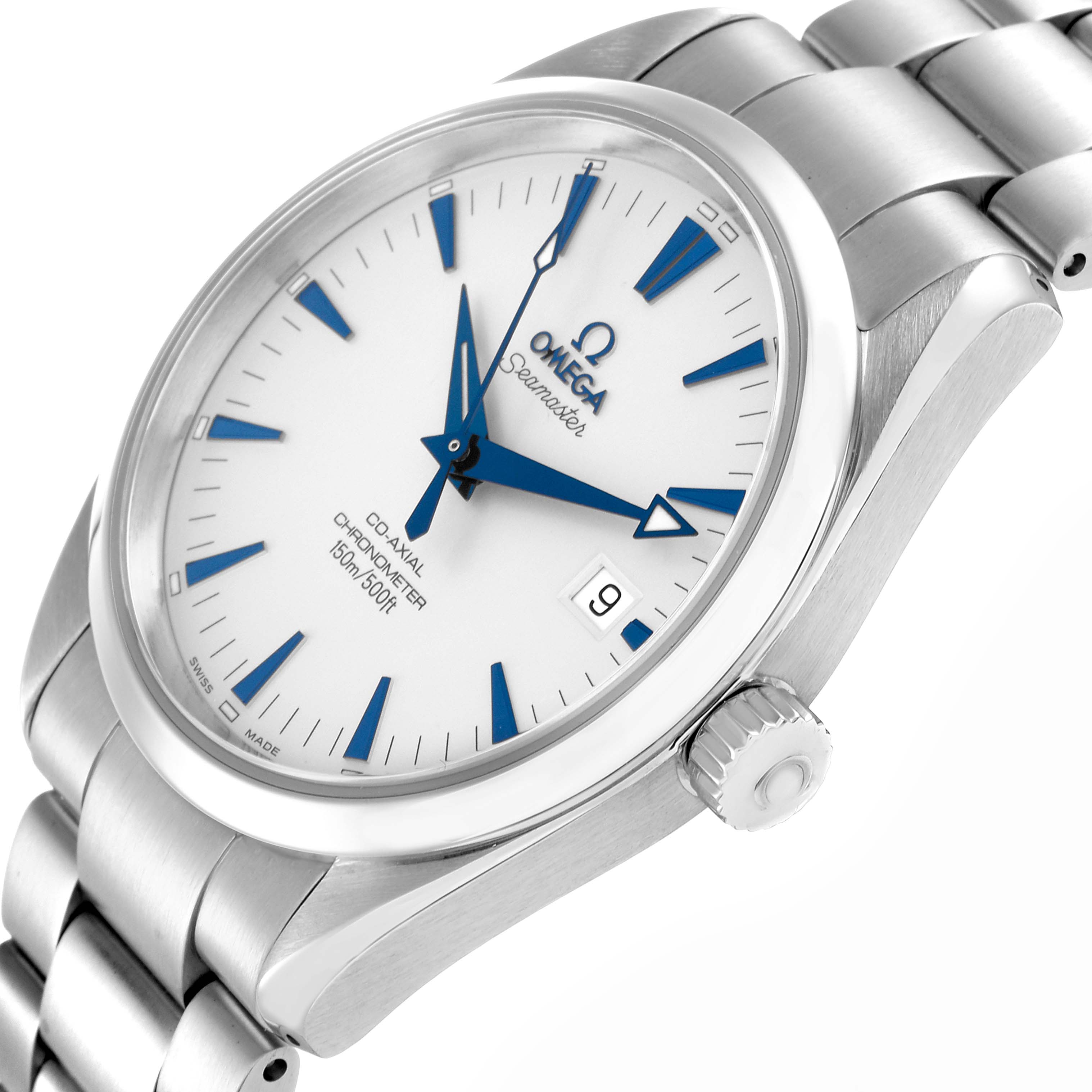 The Omega Aqua Terra 2503.33.00 Men
s Stainless Steel Silver Dial watch is shown at an angled side view highlighting the dial, crown, and bracelet.