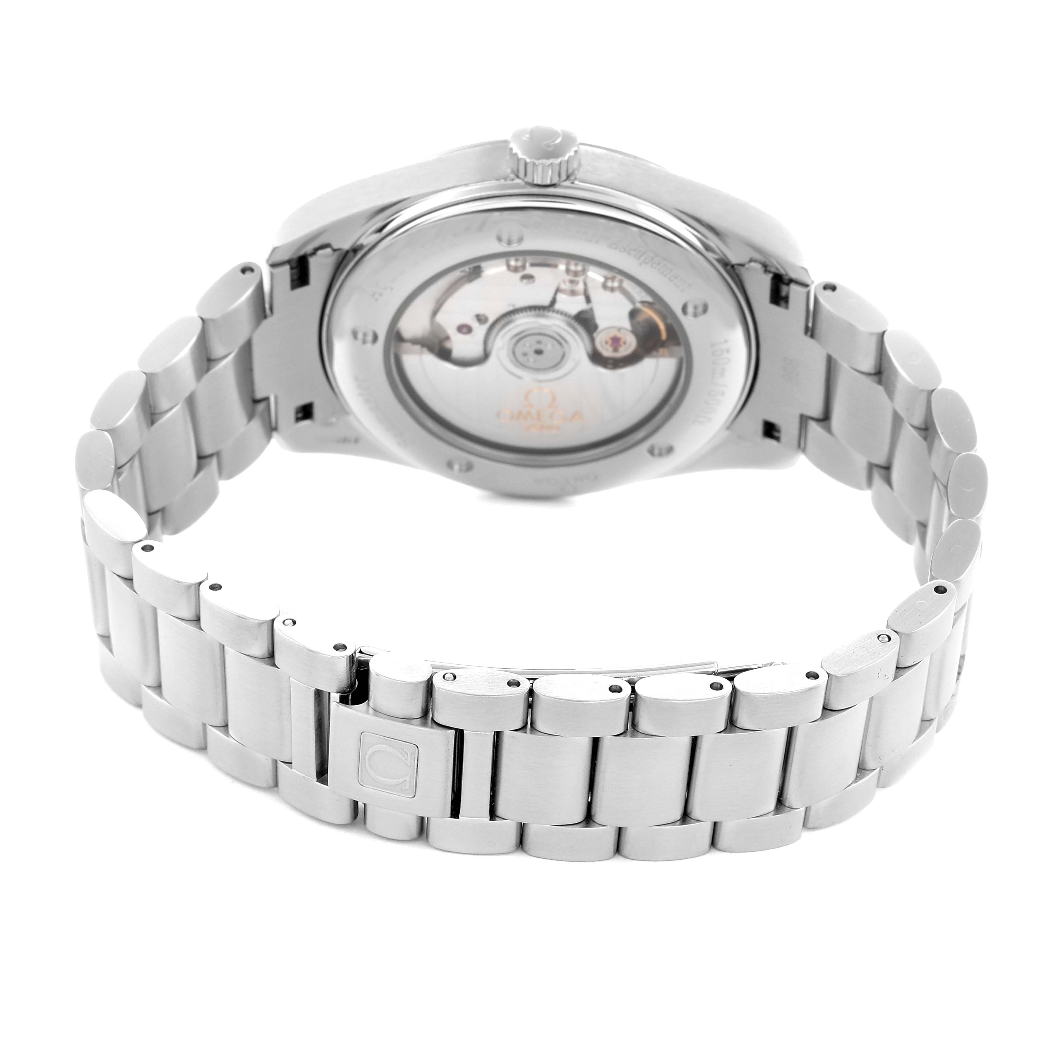 The Omega Aqua Terra 2503.33.00 Men
s Stainless Steel Silver Dial watch is shown from the back, displaying the open case back and stainless steel bracelet.