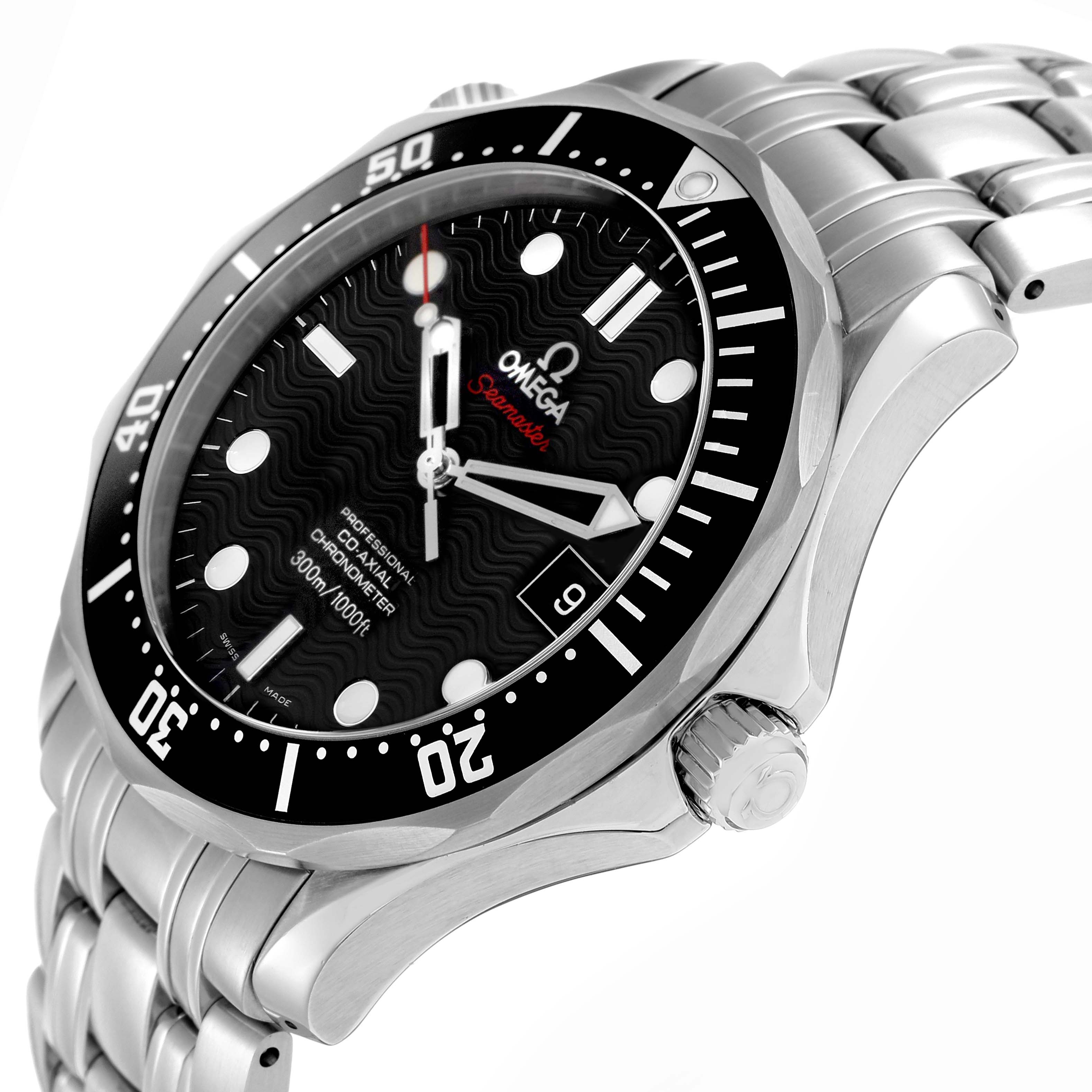 The Omega Seamaster 212.30.41.20.01.002 Men
s Stainless Steel Black Dial watch is shown at an angle highlighting the face, bezel, crown, and part of the metal bracelet.