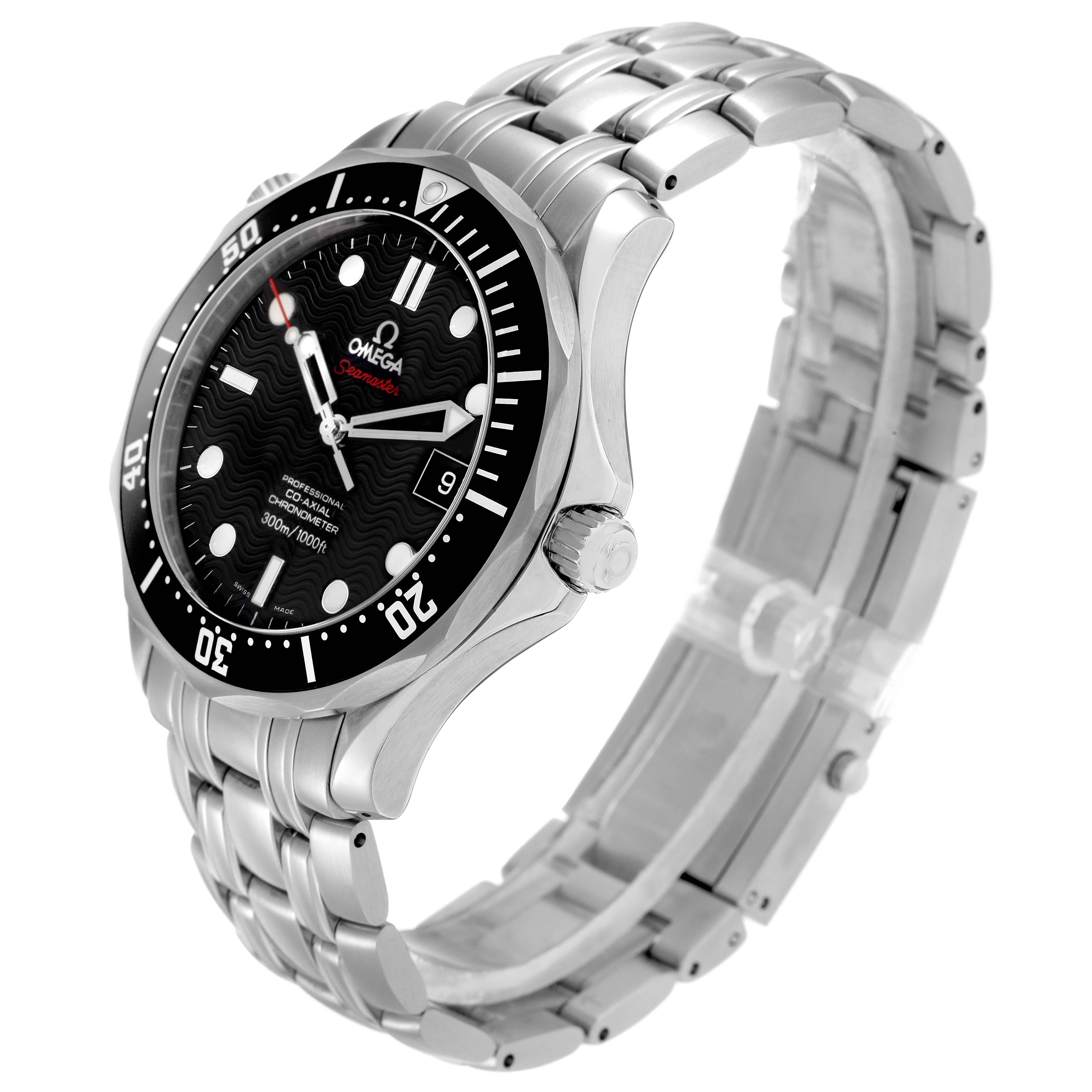 The Omega Seamaster 212.30.41.20.01.002 Men
s Stainless Steel Black Dial watch is shown at a three-quarter angle, displaying the bezel, dial, crown, and bracelet.