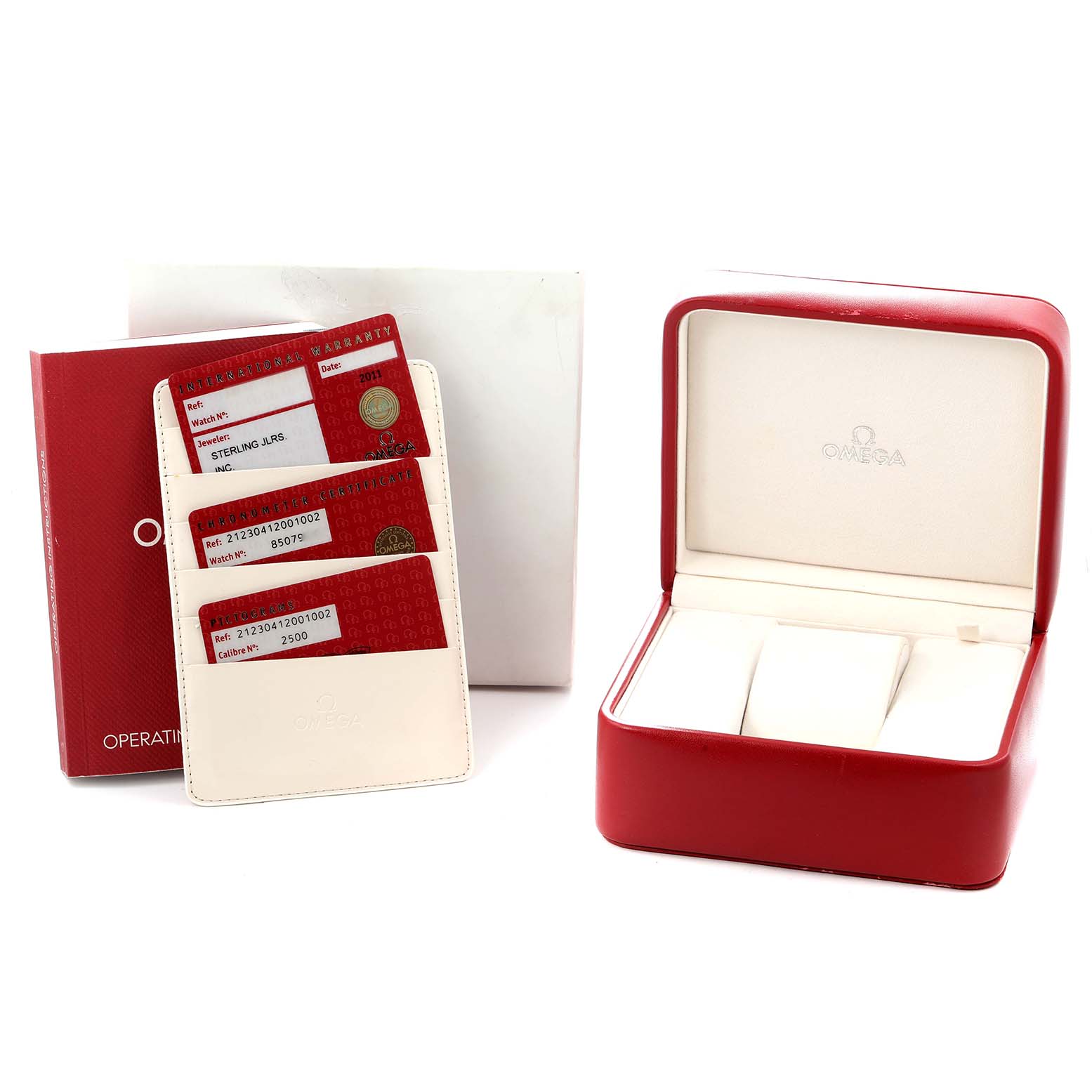 The image shows an Omega Seamaster 212.30.41.20.01.002 Men
s Stainless Steel Black Dial watch box, warranty cards, and an operating manual.