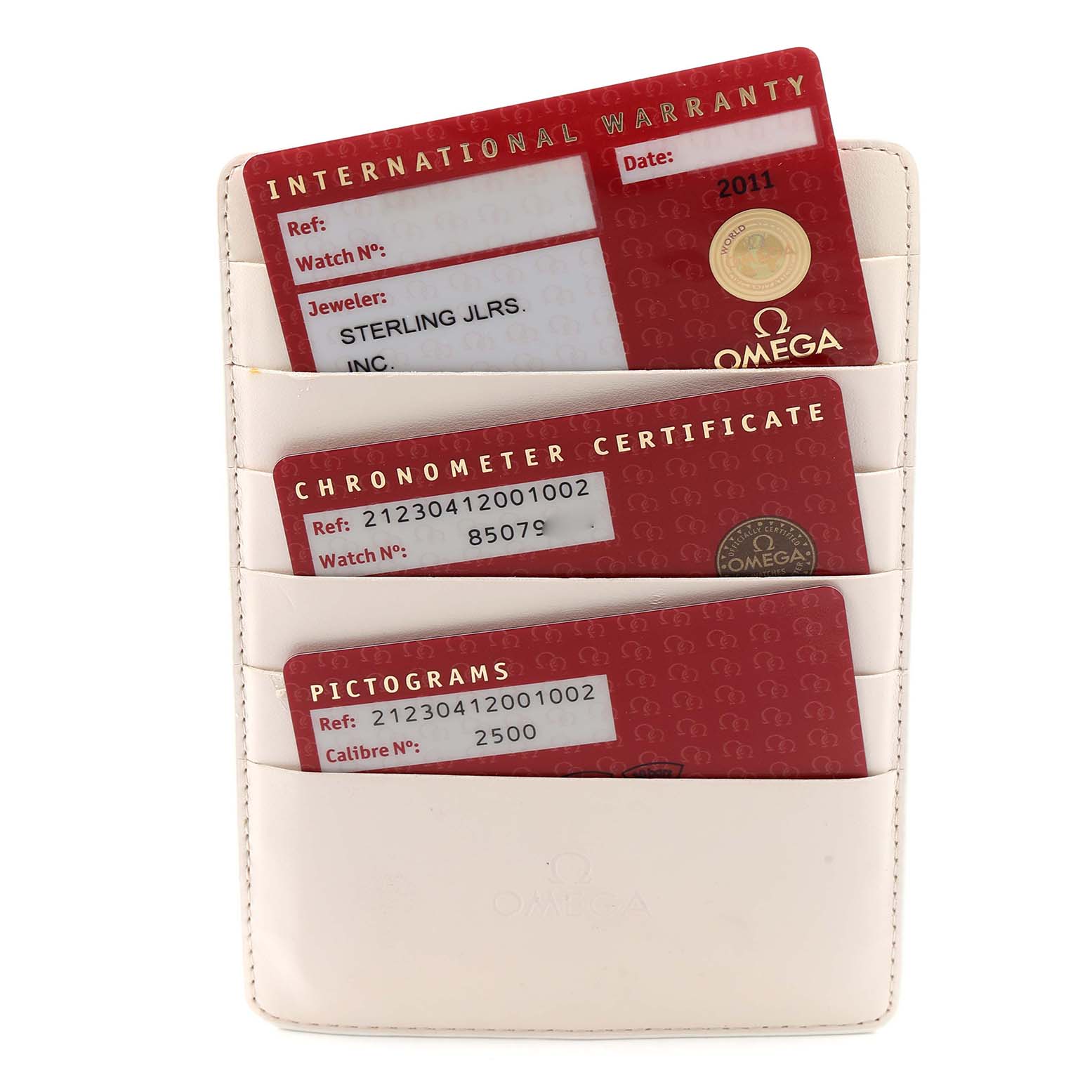 The image shows an Omega Seamaster 212.30.41.20.01.002 Men
s Stainless Steel Black Dial model
s red cards, including warranty, chronometer certificate, and pictograms, in a cardholder.