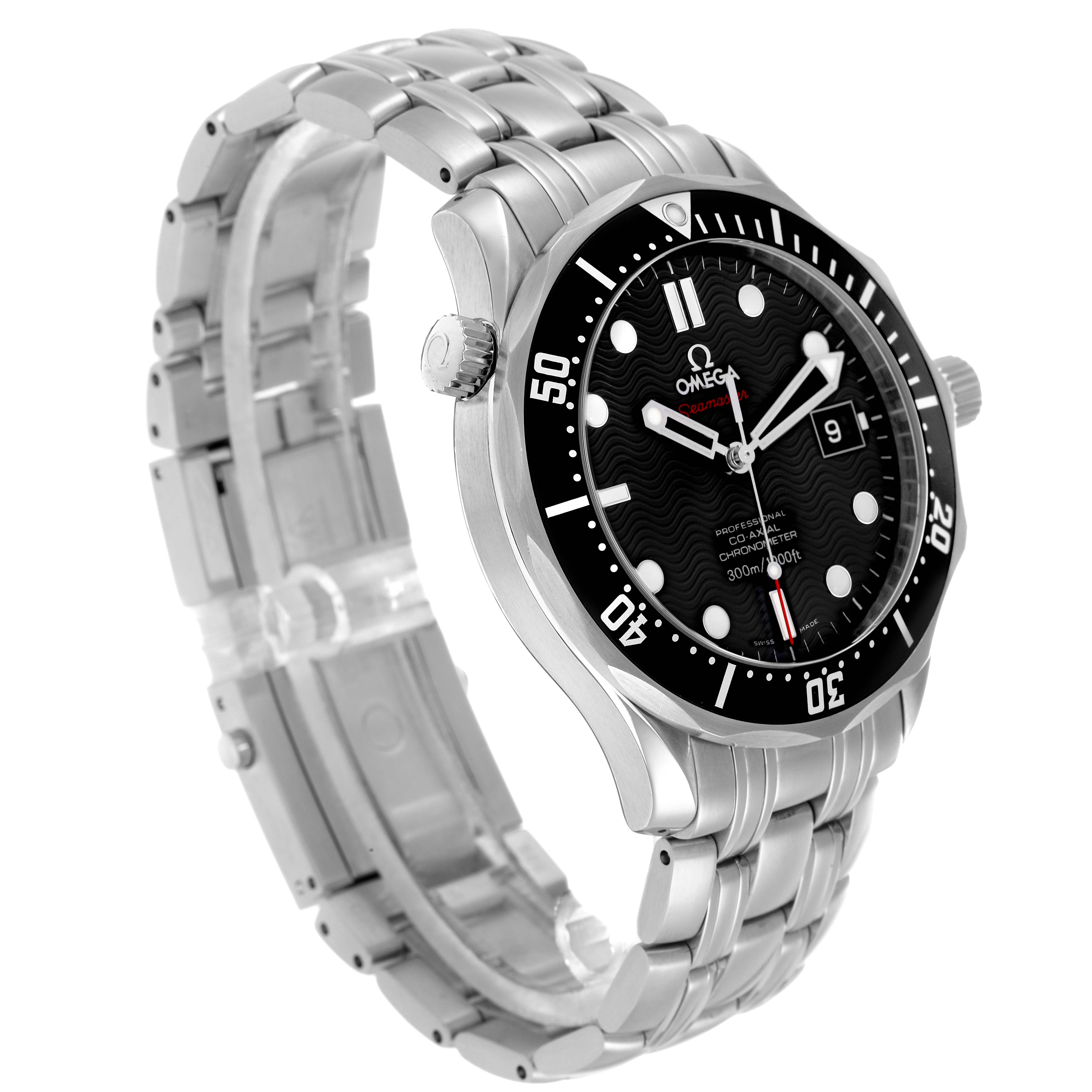 The Omega Seamaster 212.30.41.20.01.002 Men
s Stainless Steel Black Dial watch is shown at a three-quarter angle, highlighting its face, bezel, and metal bracelet.