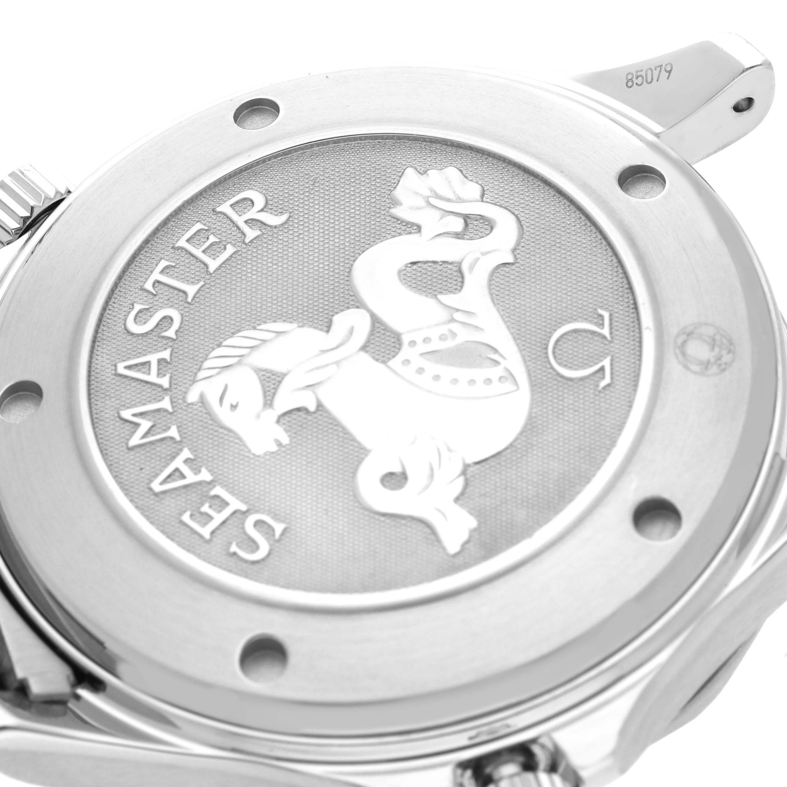 The image shows the case back of an Omega Seamaster 212.30.41.20.01.002 Men
s Stainless Steel Black Dial watch, featuring an embossed seahorse design.