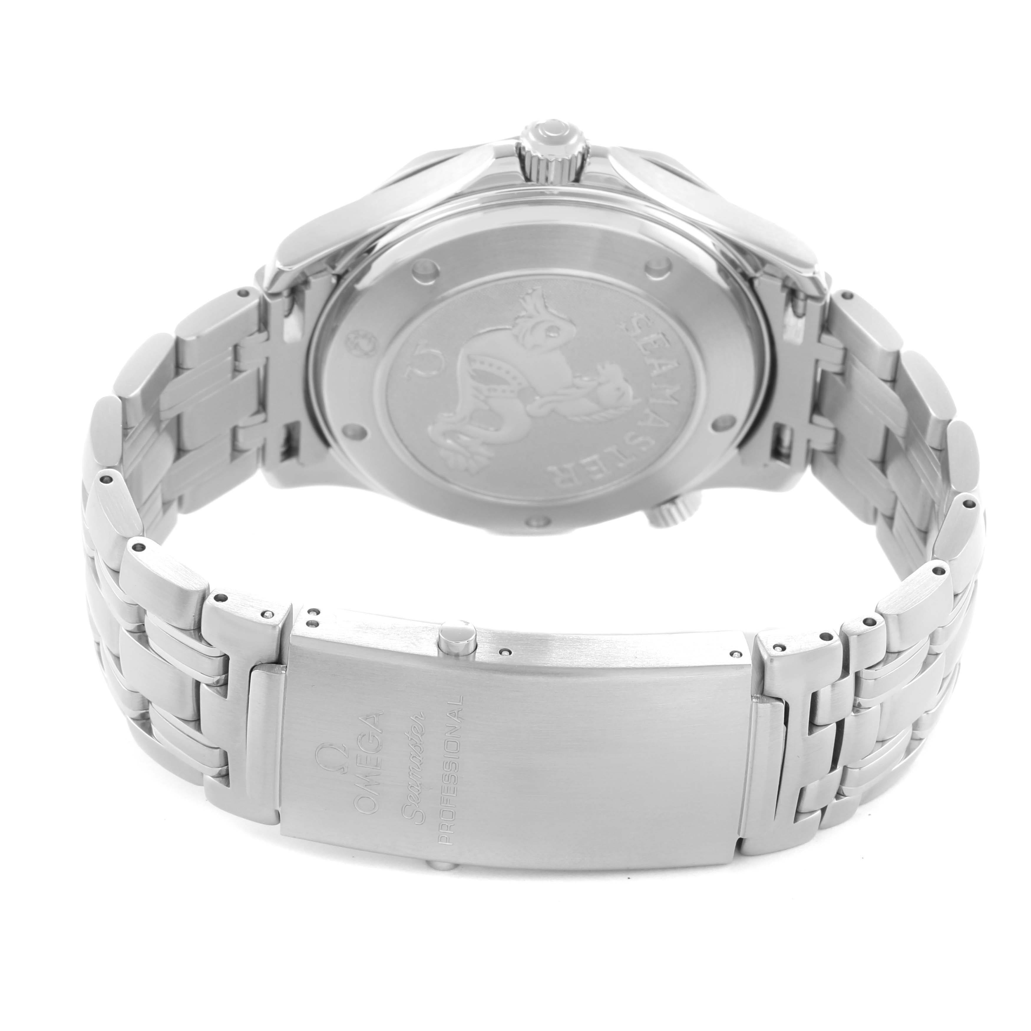 The image shows the back case and clasp of the Omega Seamaster 212.30.41.20.01.002 Men
s Stainless Steel Black Dial watch, including the bracelet and engraved logo.