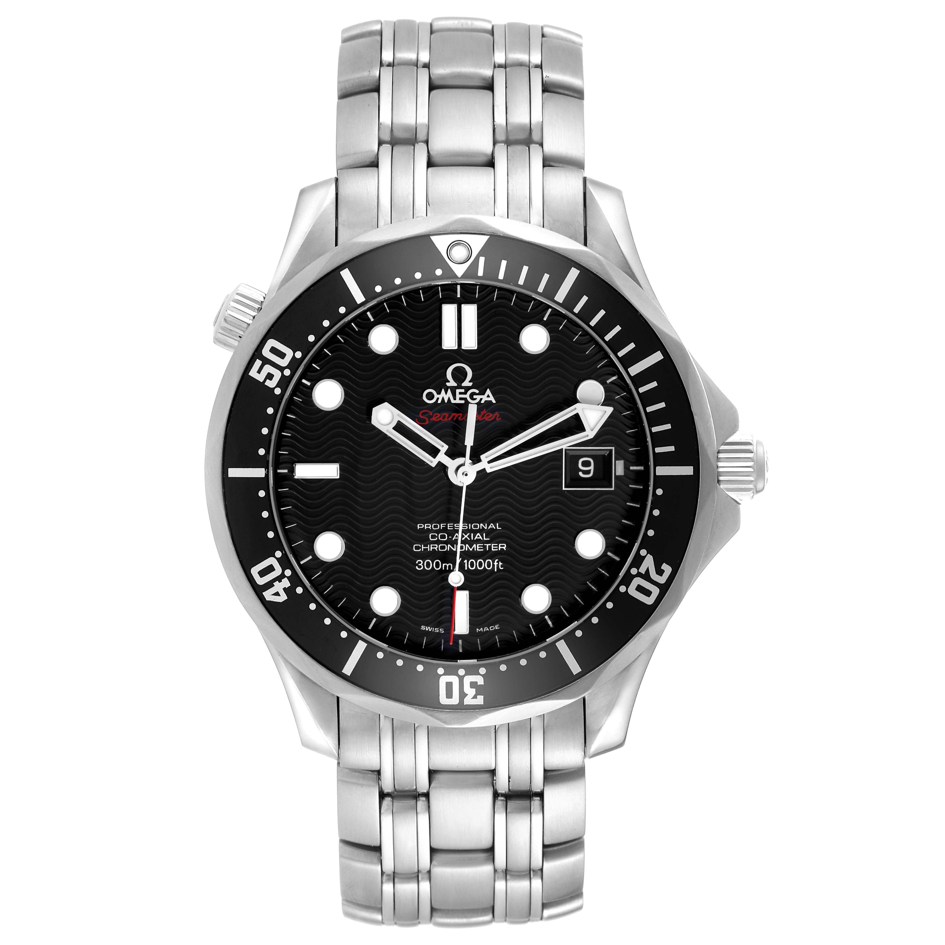 The Omega Seamaster 212.30.41.20.01.002 Men
s Stainless Steel Black Dial is shown from a top-down angle, displaying its face, bezel, bracelet, and crown.