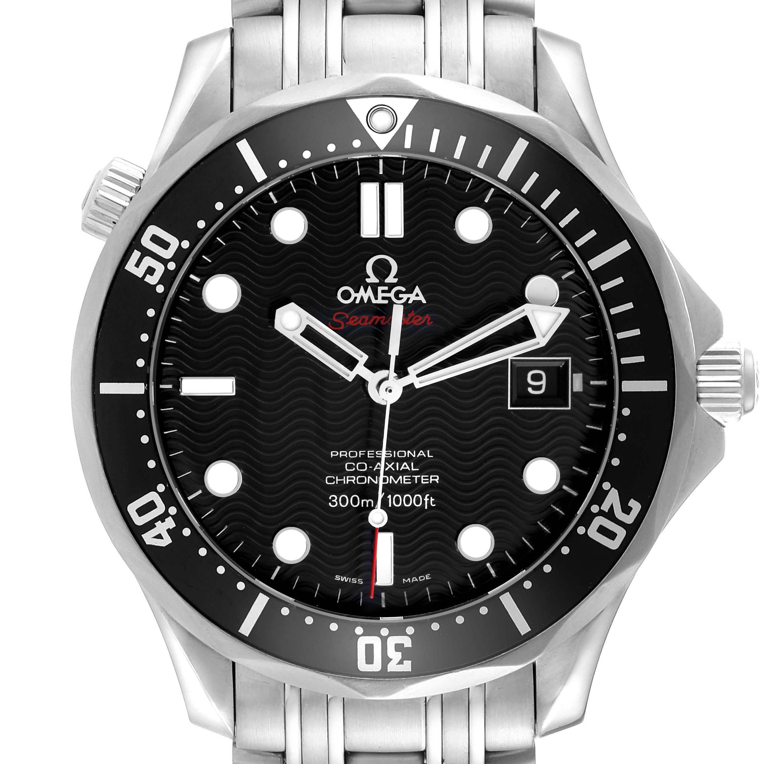 The Omega Seamaster 212.30.41.20.01.002 Men
s Stainless Steel Black Dial watch is shown from the front, highlighting its black dial, bezel, and stainless steel bracelet.