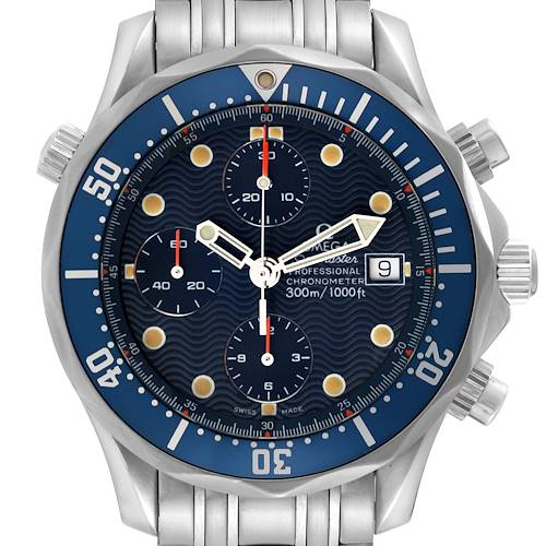 This image shows a front view of the Omega Seamaster watch, highlighting the dial, bezel, subdials, and metal bracelet.