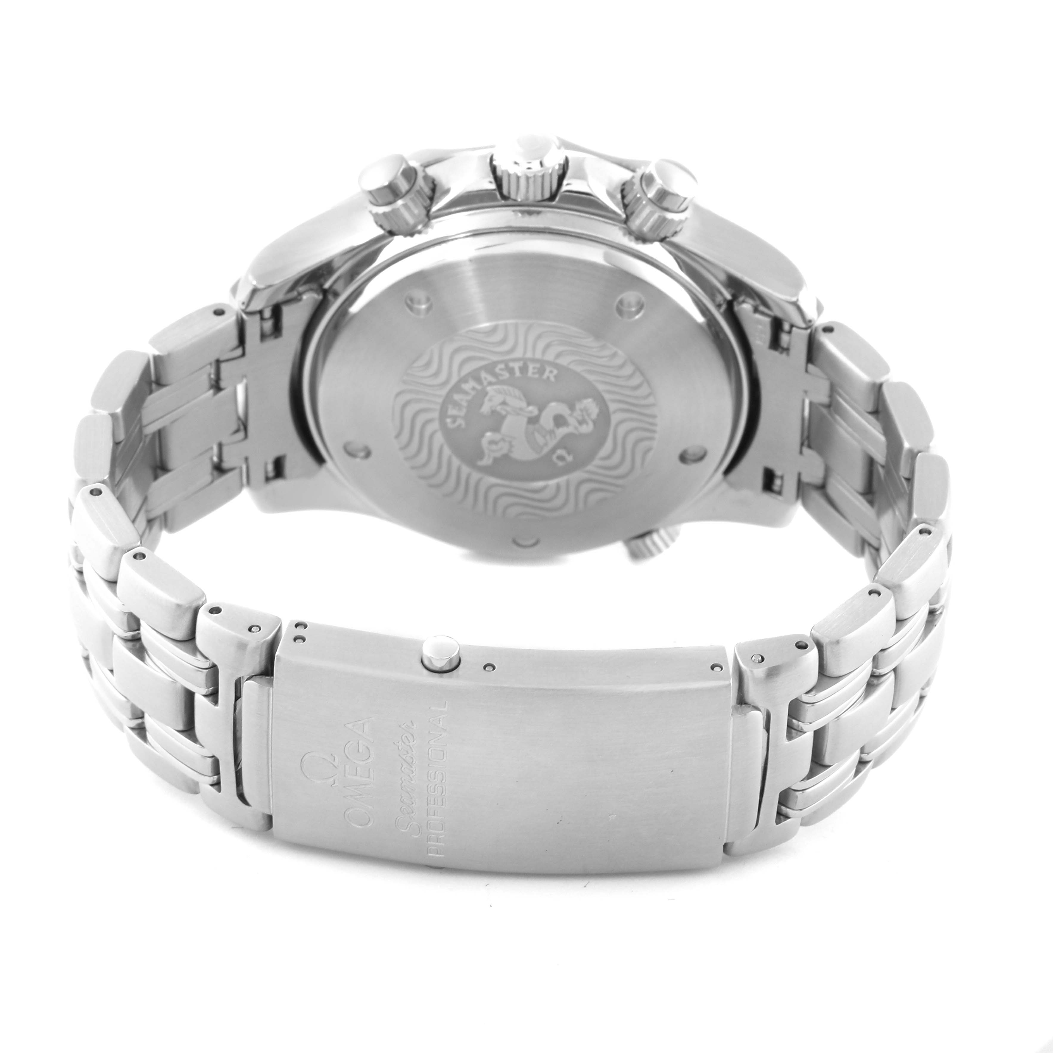 The image shows the back case and stainless steel bracelet of an Omega Seamaster 2599.80.00 Men
s Stainless Steel Blue Dial 2599.80.00 Men
s Stainless Steel Blue Dial watch from a rear angle.