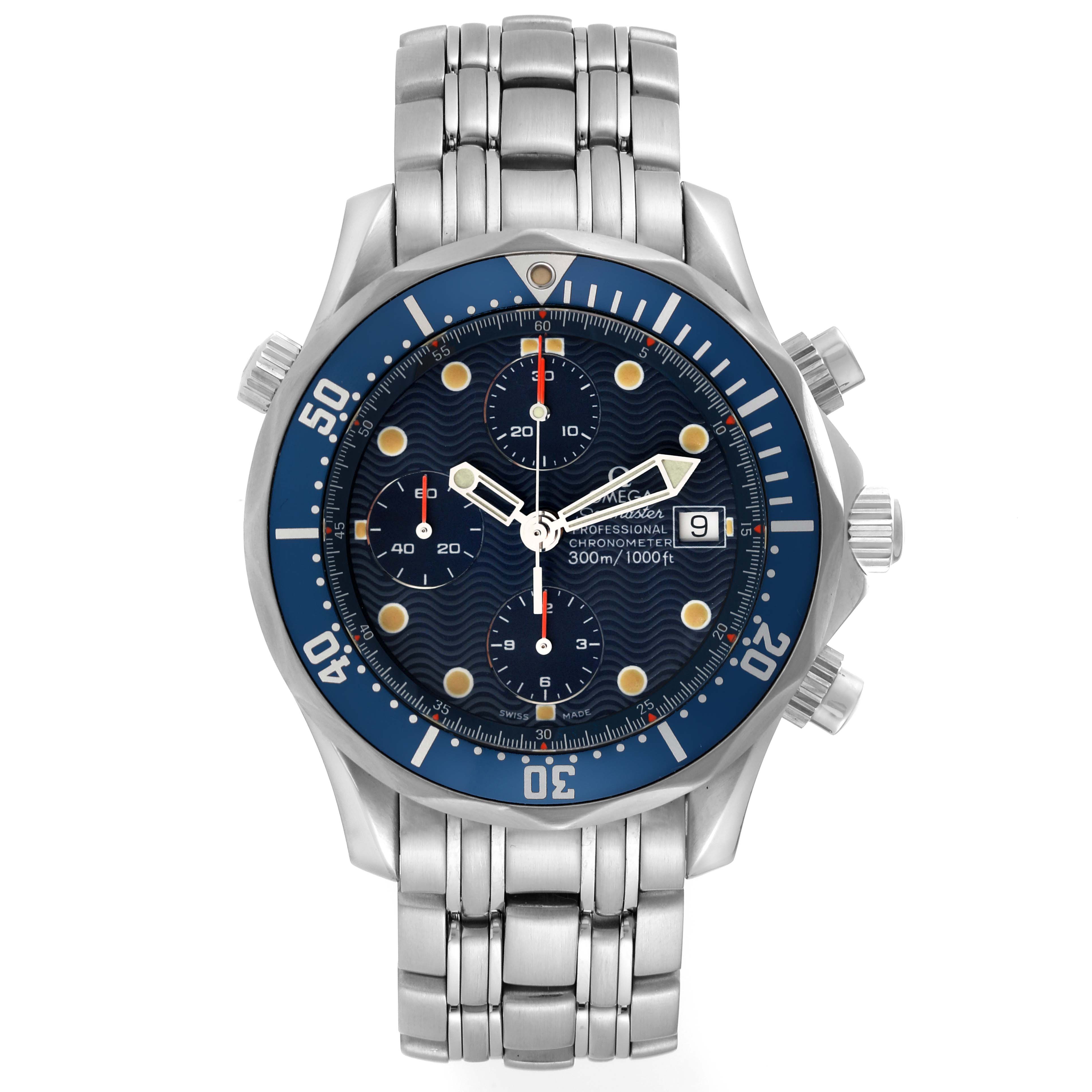 The image shows a full-frontal view of an Omega Seamaster 2599.80.00 Men
s Stainless Steel Blue Dial 2599.80.00 Men
s Stainless Steel Blue Dial watch, displaying the blue dial, three sub-dials, bezel, and metal bracelet.