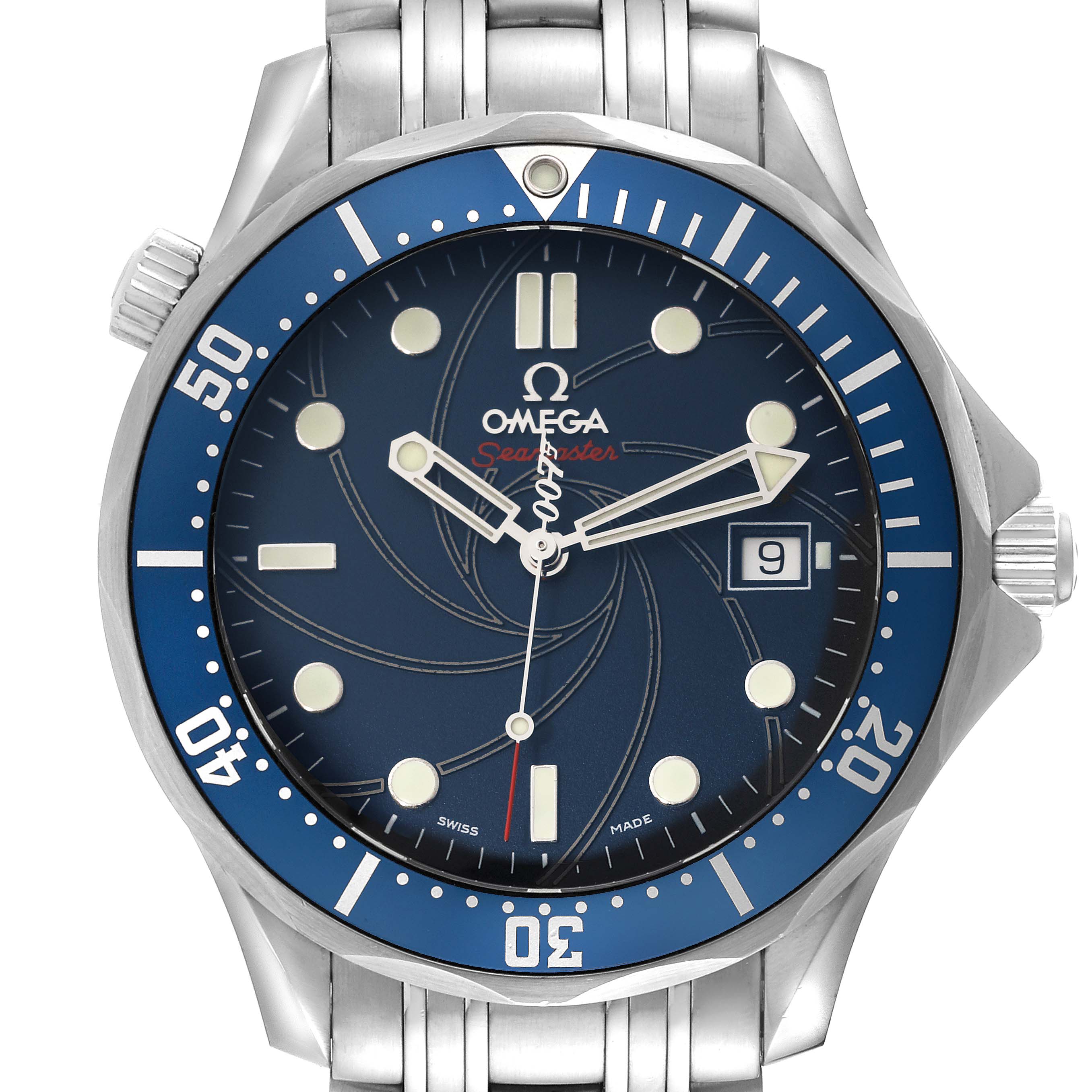 The image shows a front view of the Omega Seamaster 2226.80.00 Men
s Stainless Steel Blue Dial 2226.80.00 Men
s Stainless Steel Blue Dial watch, highlighting its dial, bezel, and bracelet.