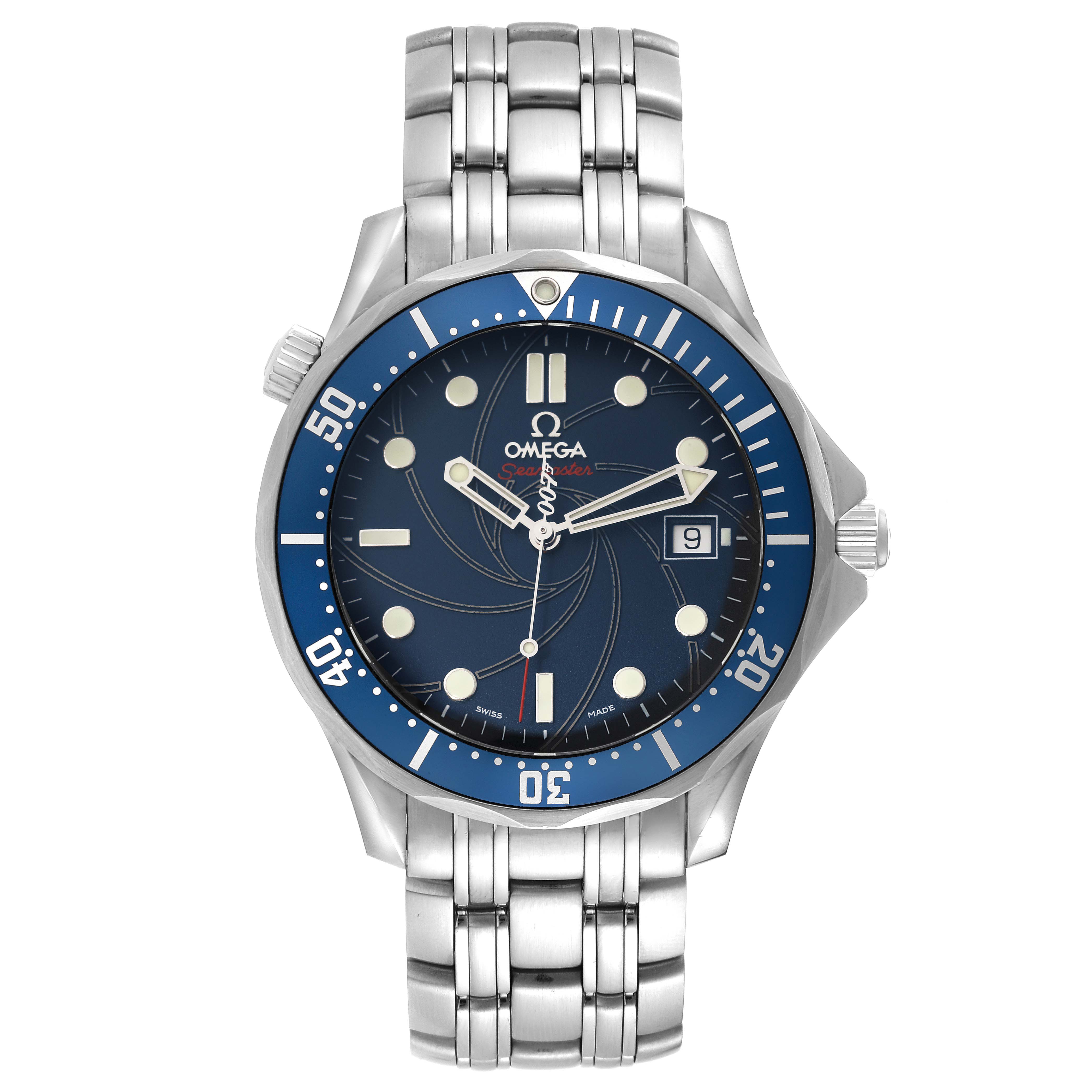 The image shows a front view of the Omega Seamaster 2226.80.00 Men
s Stainless Steel Blue Dial 2226.80.00 Men
s Stainless Steel Blue Dial watch featuring the dial, bezel, and metal bracelet.