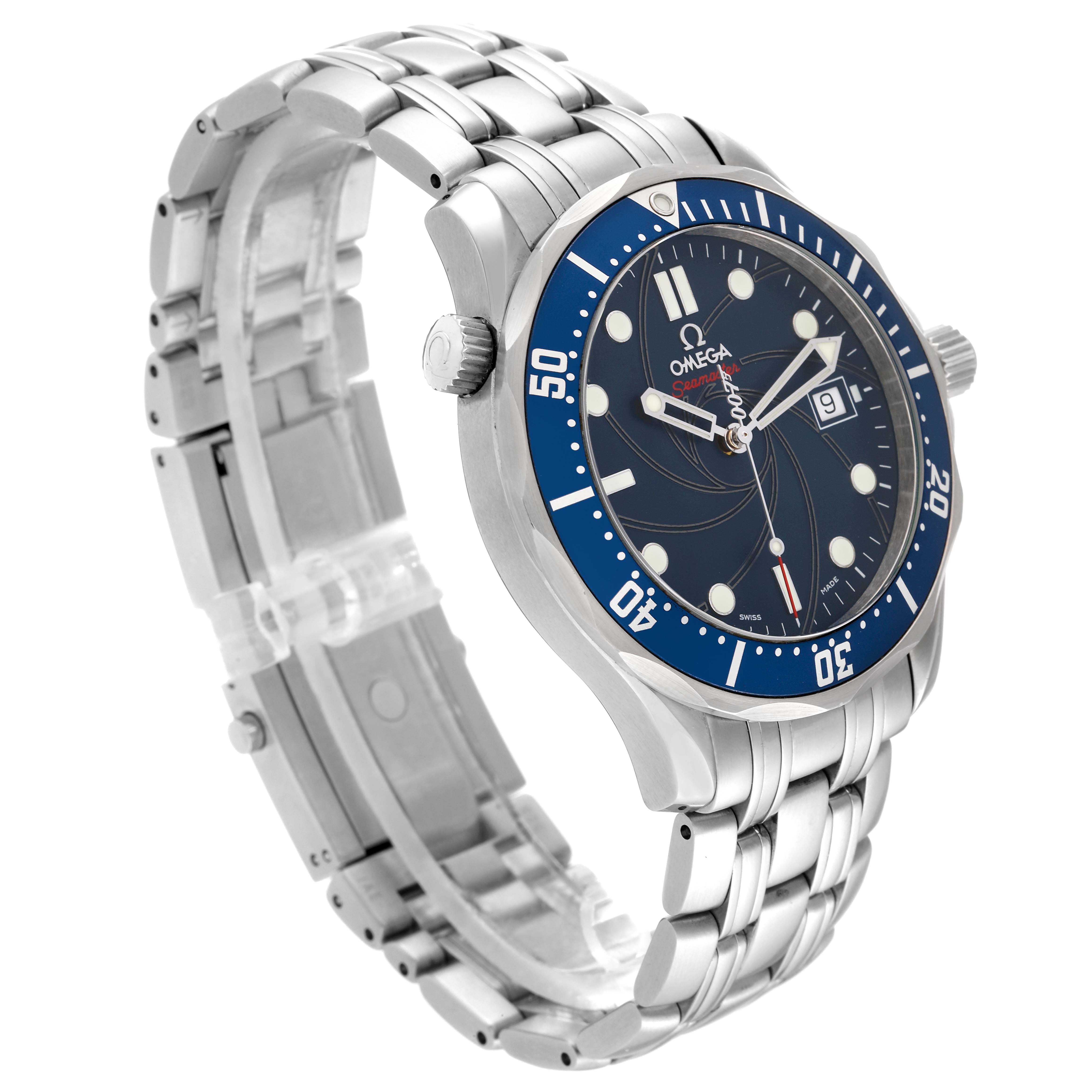 The image shows an Omega Seamaster 2226.80.00 Men
s Stainless Steel Blue Dial 2226.80.00 Men
s Stainless Steel Blue Dial watch at a slight side angle, highlighting the bracelet, bezel, and watch face.