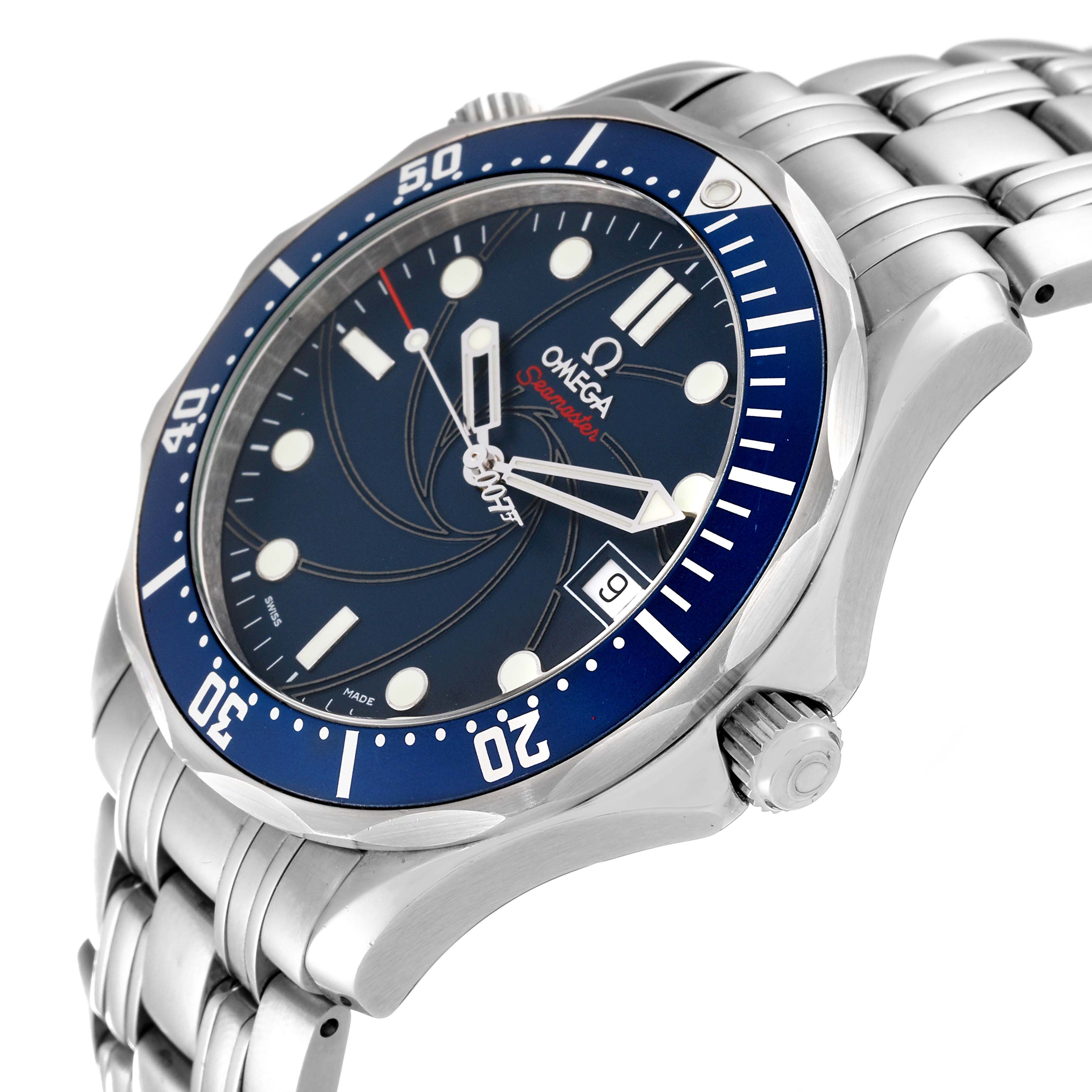 The image shows an angled view of an Omega Seamaster 2226.80.00 Men
s Stainless Steel Blue Dial 2226.80.00 Men
s Stainless Steel Blue Dial watch, displaying its dial, bezel, crown, and part of the bracelet.