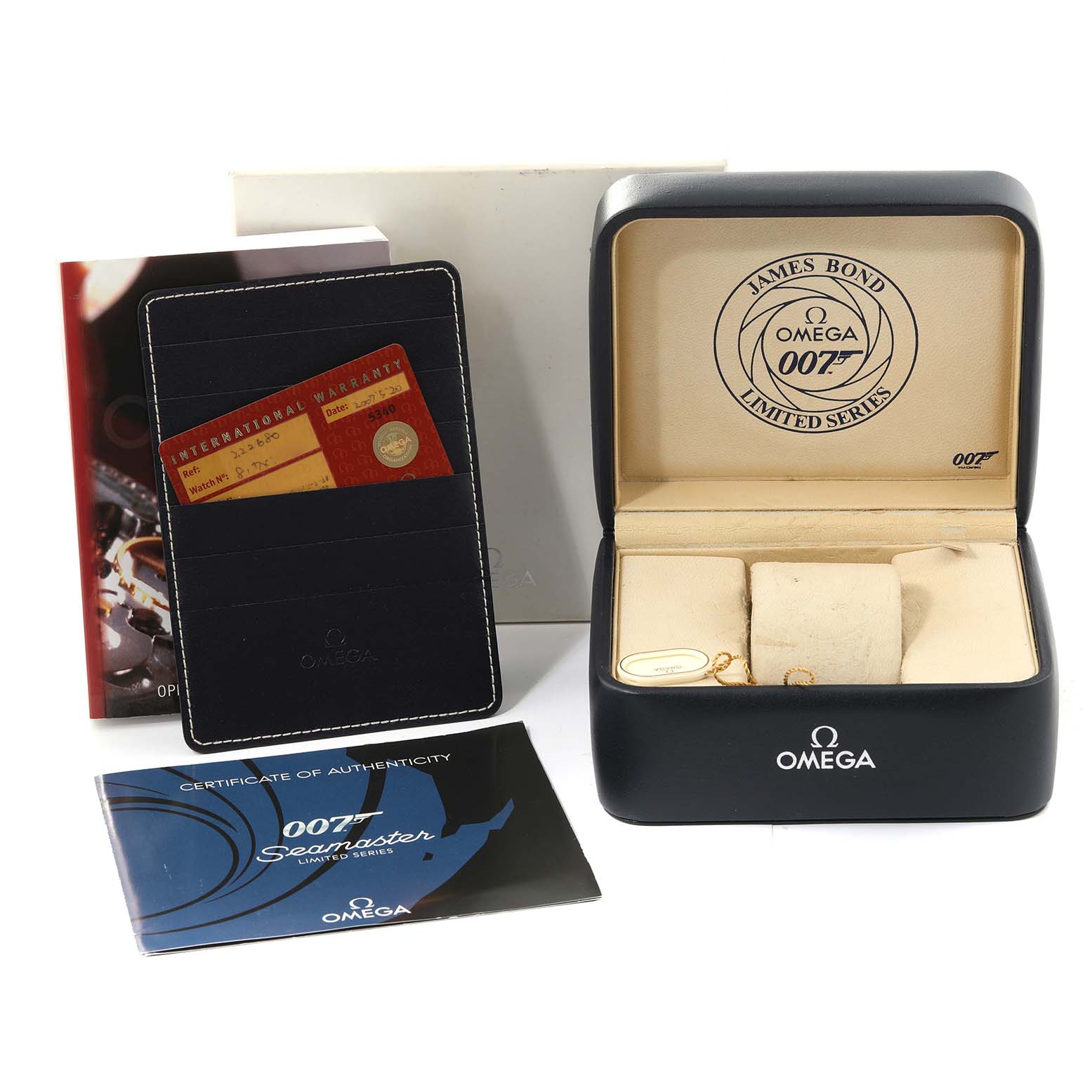 The image shows the Omega Seamaster 2226.80.00 Men
s Stainless Steel Blue Dial 2226.80.00 Men
s Stainless Steel Blue Dial watch box, international warranty card, and certificate of Best Quality
ity, all viewed from the front.