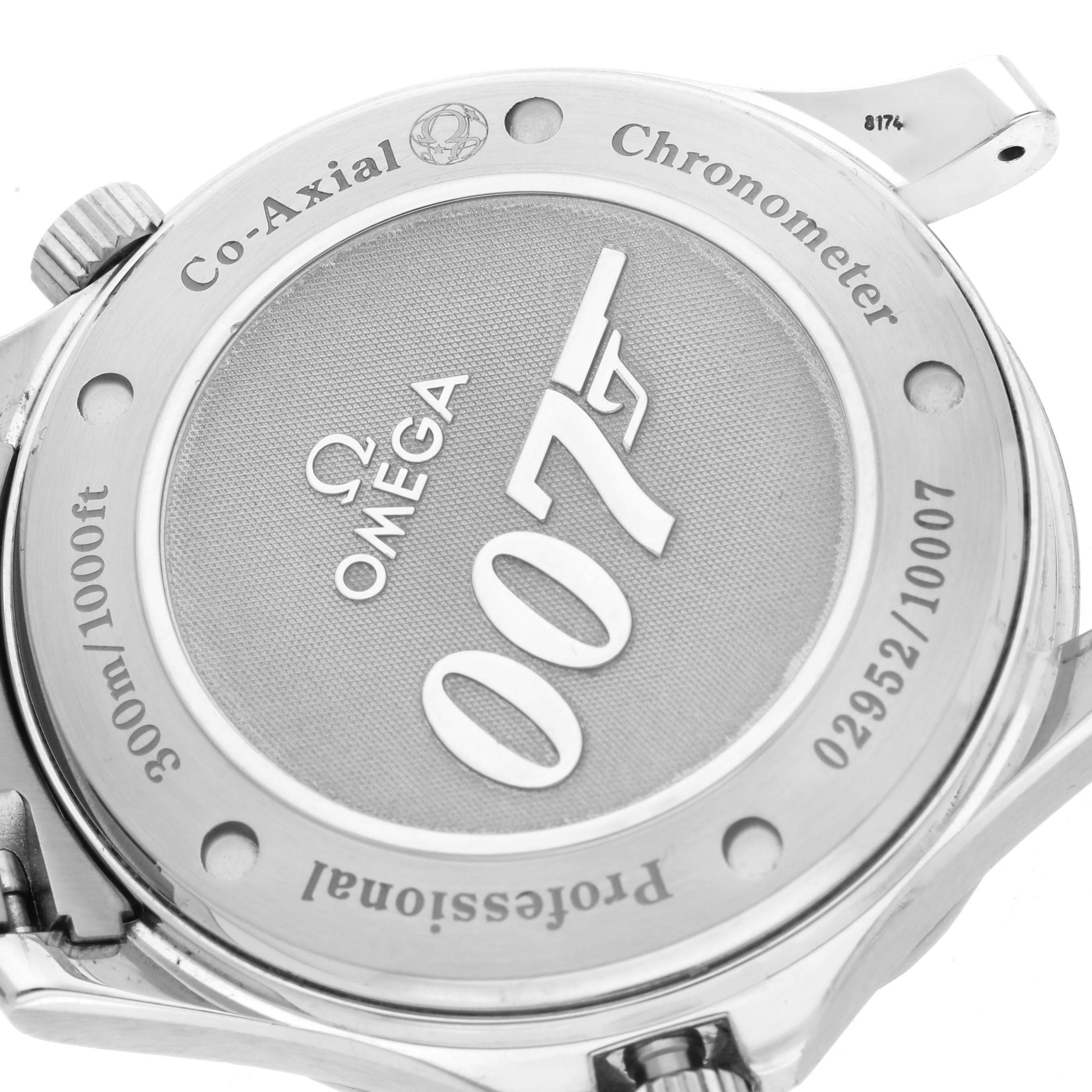 This image shows the case back of the Omega Seamaster 2226.80.00 Men
s Stainless Steel Blue Dial 2226.80.00 Men
s Stainless Steel Blue Dial watch, featuring the 007 logo and various engravings.