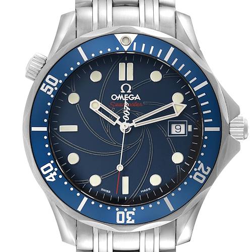 The image shows the front view of the Omega Seamaster watch, highlighting its dial, bezel, hands, and date window.