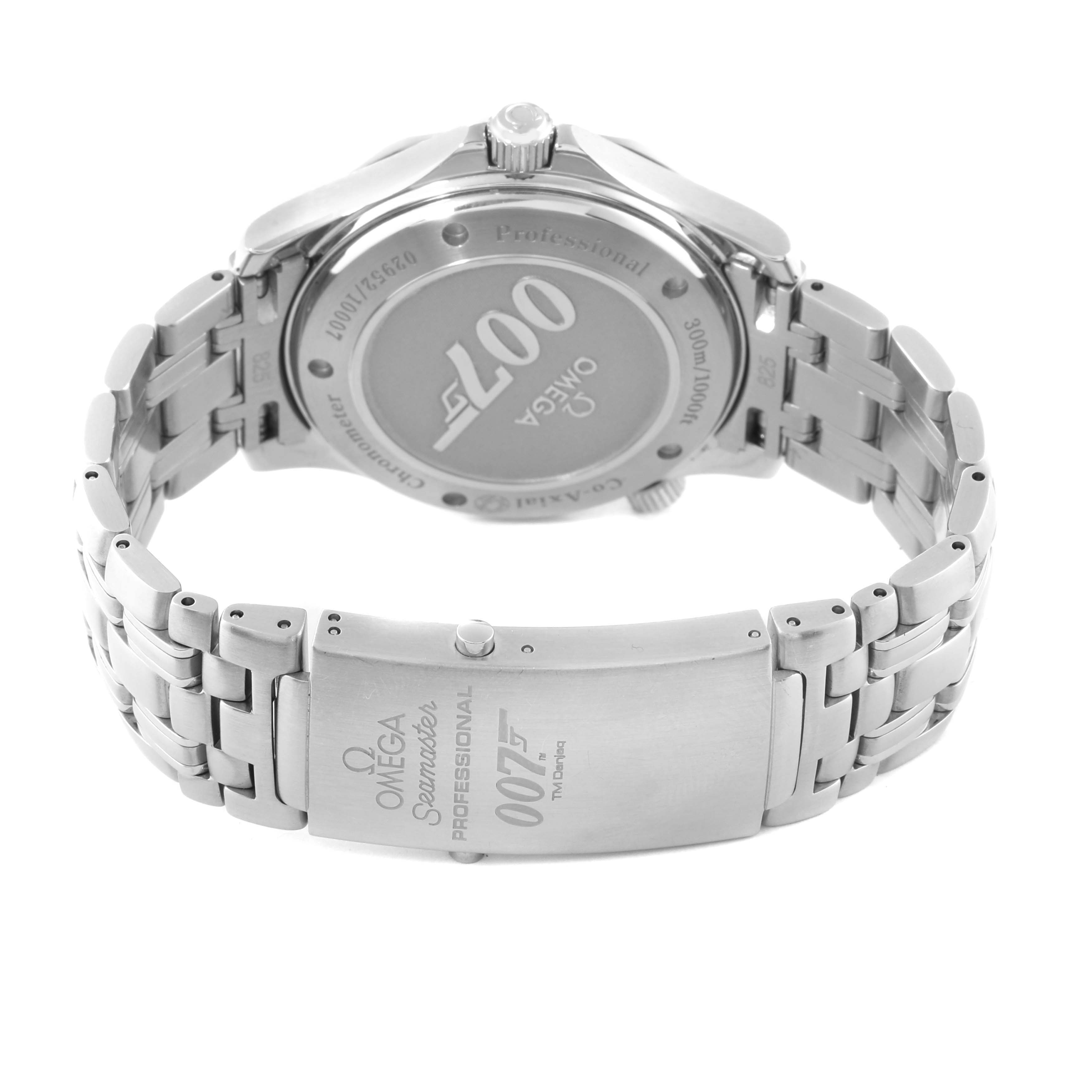 The image shows the back and bracelet clasp of the Omega Seamaster 2226.80.00 Men
s Stainless Steel Blue Dial 2226.80.00 Men
s Stainless Steel Blue Dial watch, displaying the "007" branding and engravings.