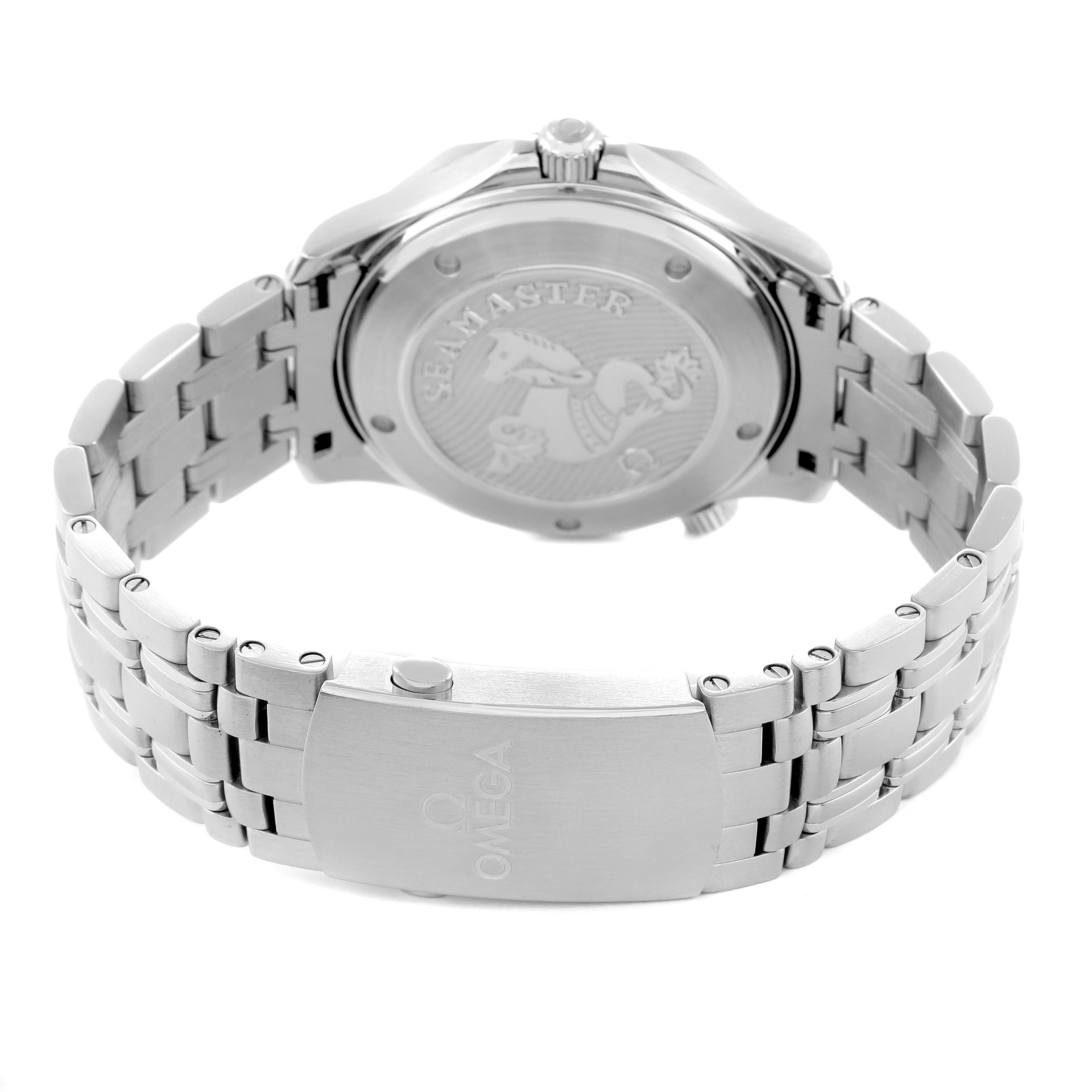 The image shows the back and clasp of an Omega Seamaster 212.30.41.20.01.003 Men
s Stainless Steel Black Dial watch, highlighting the bracelet and engraved case back.