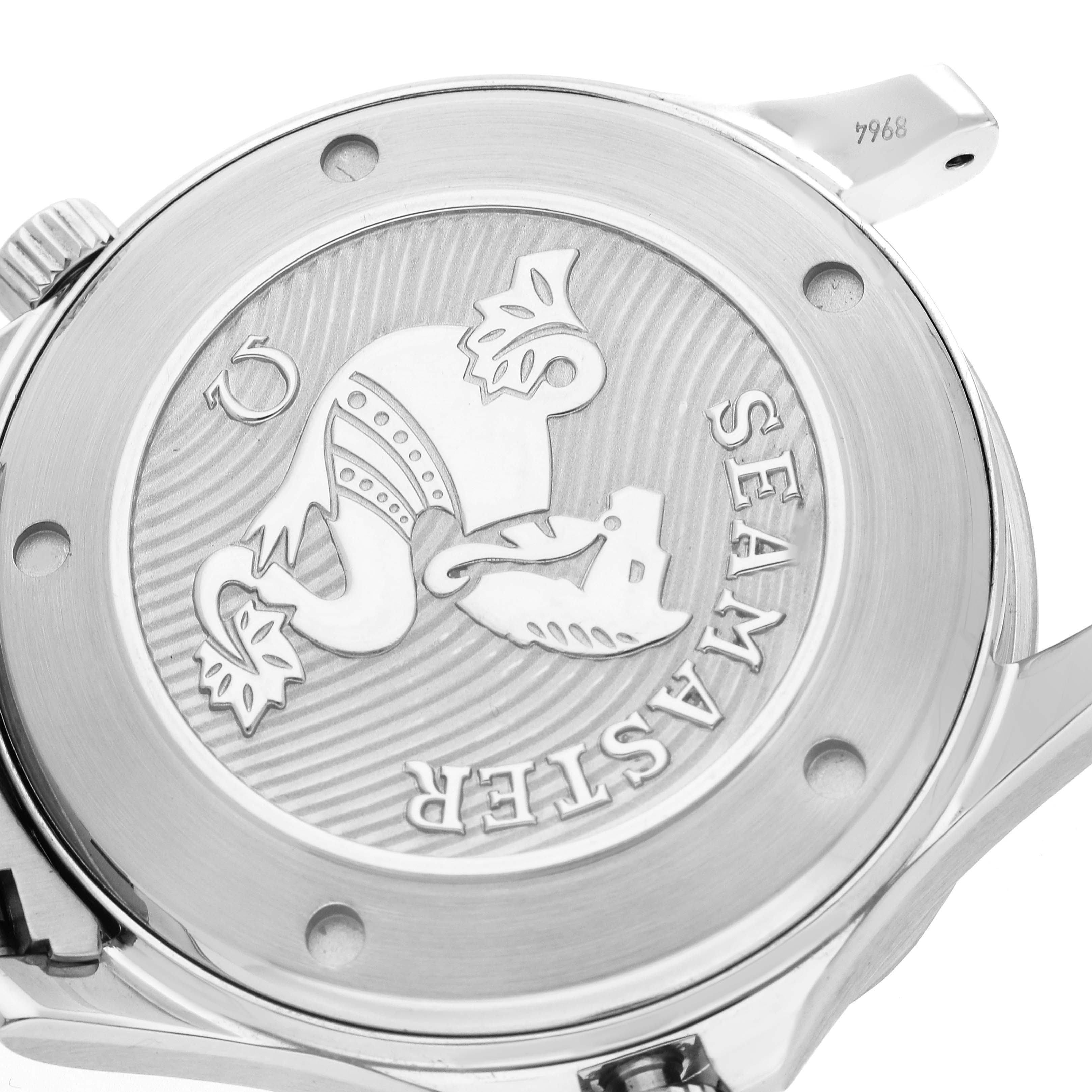 The image shows the case back of an Omega Seamaster 212.30.41.20.01.003 Men
s Stainless Steel Black Dial, highlighting its engraved logo and textured design.