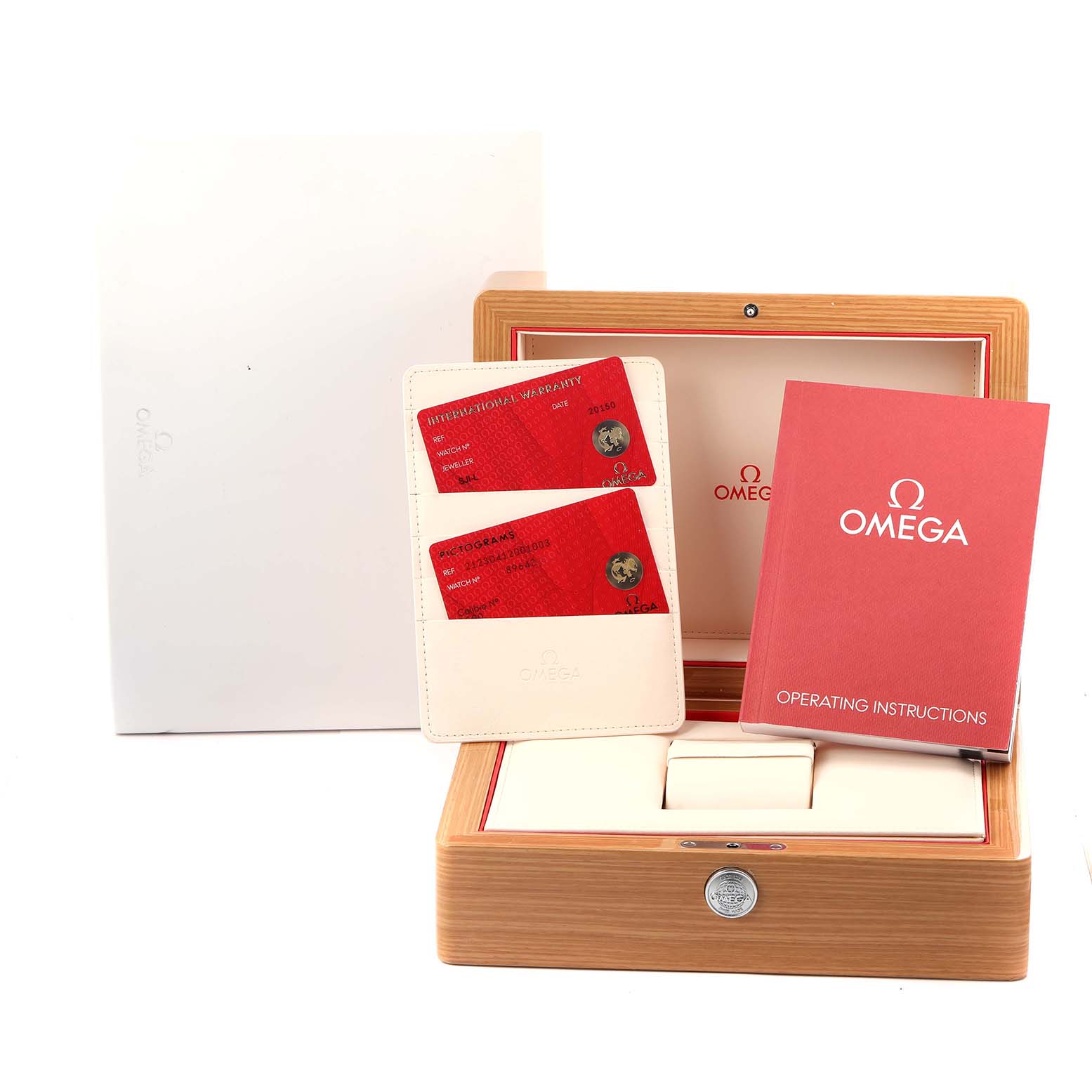 The image shows the Omega Seamaster 212.30.41.20.01.003 Men
s Stainless Steel Black Dial packaging with a wooden box, warranty cards, and operating instructions.