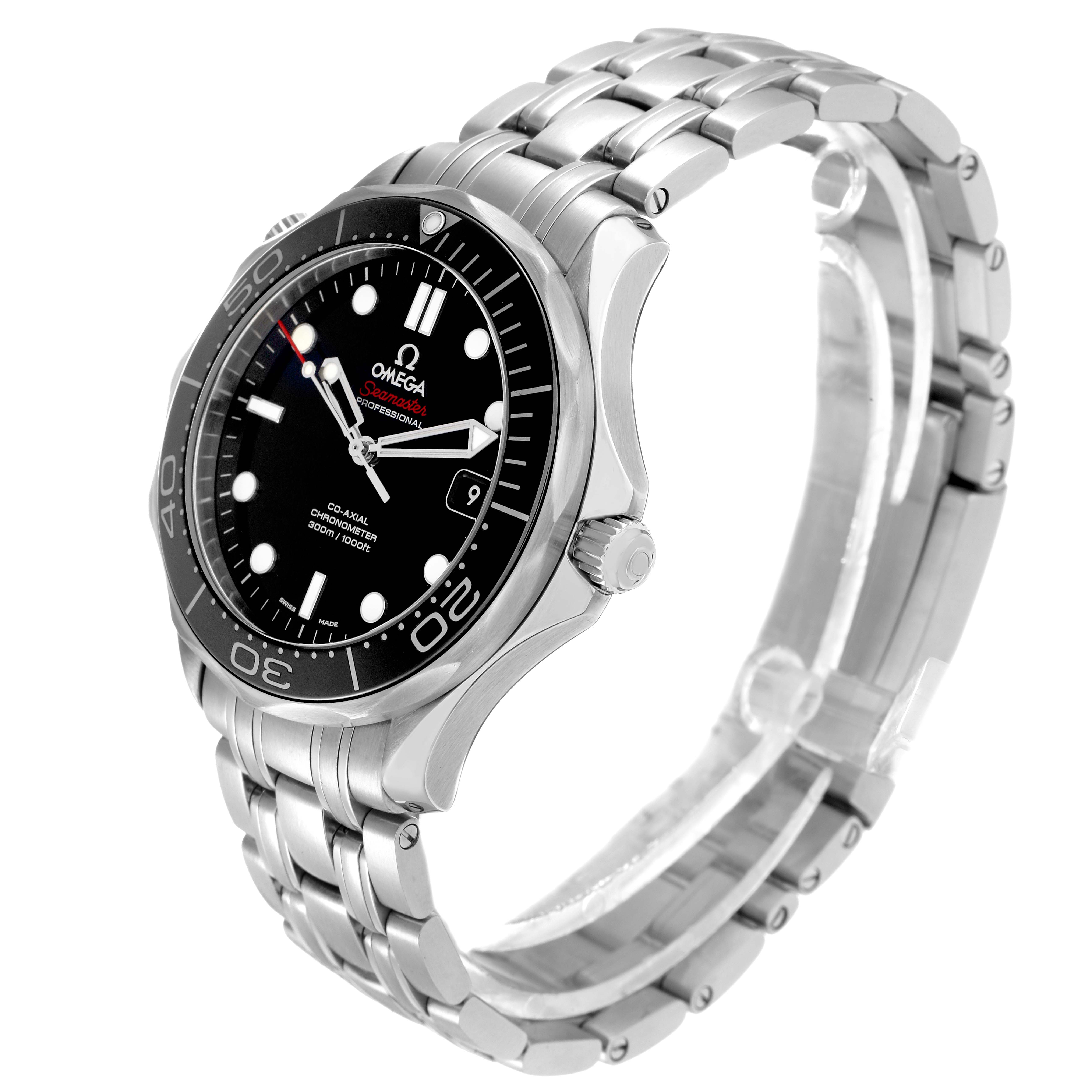 The Omega Seamaster 212.30.41.20.01.003 Men
s Stainless Steel Black Dial watch is shown at a three-quarter angle, displaying its face, bezel, crown, and stainless steel bracelet.