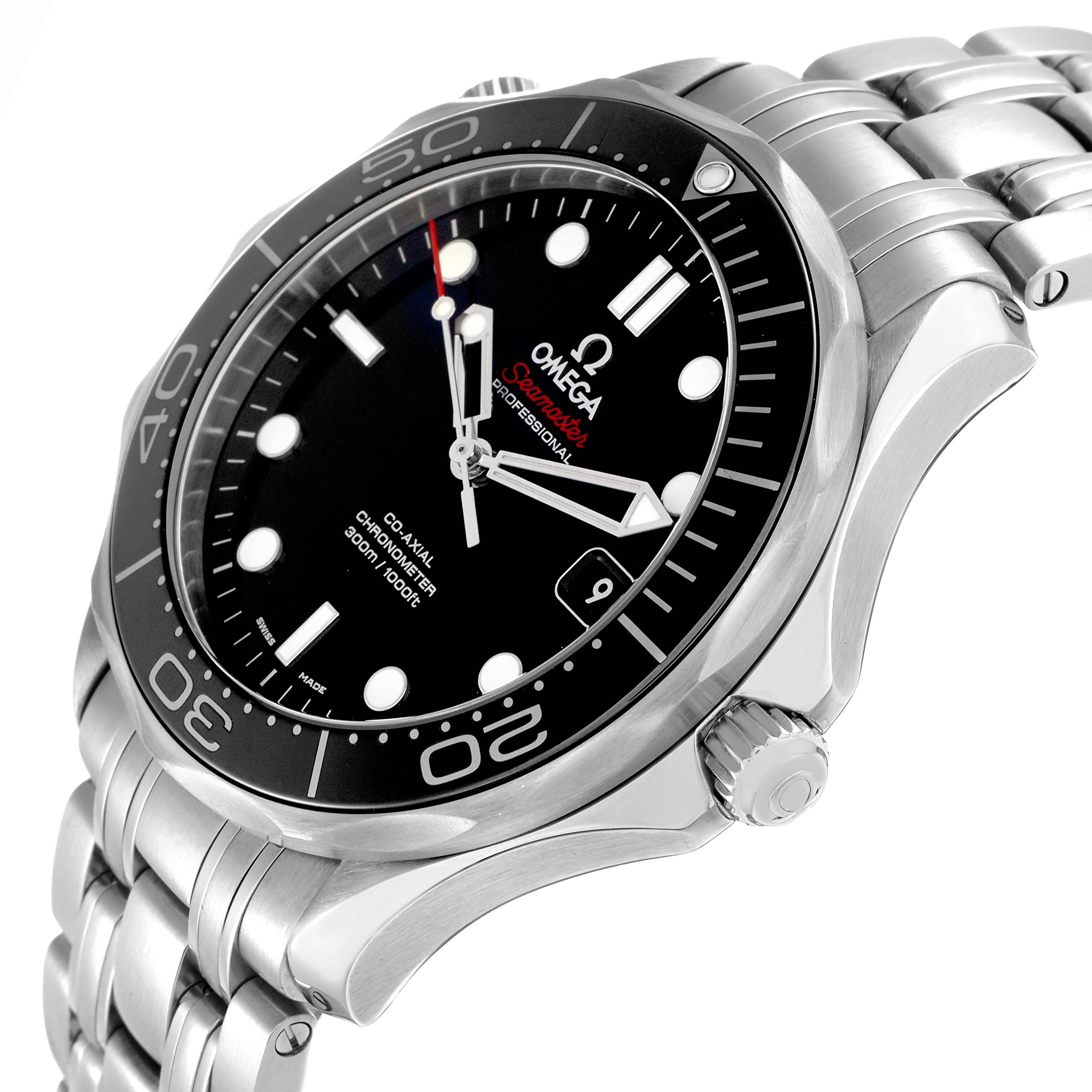 The Omega Seamaster 212.30.41.20.01.003 Men
s Stainless Steel Black Dial watch is shown from an angled view highlighting its face, bezel, crown, and metal bracelet.