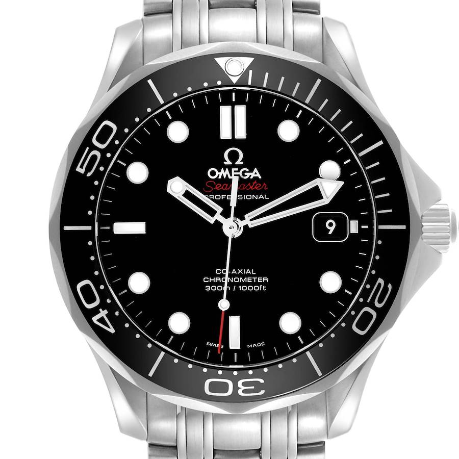 The Omega Seamaster model 212.30.41.20.01.003 is shown from the front, displaying the dial, bezel, and part of the metal bracelet.