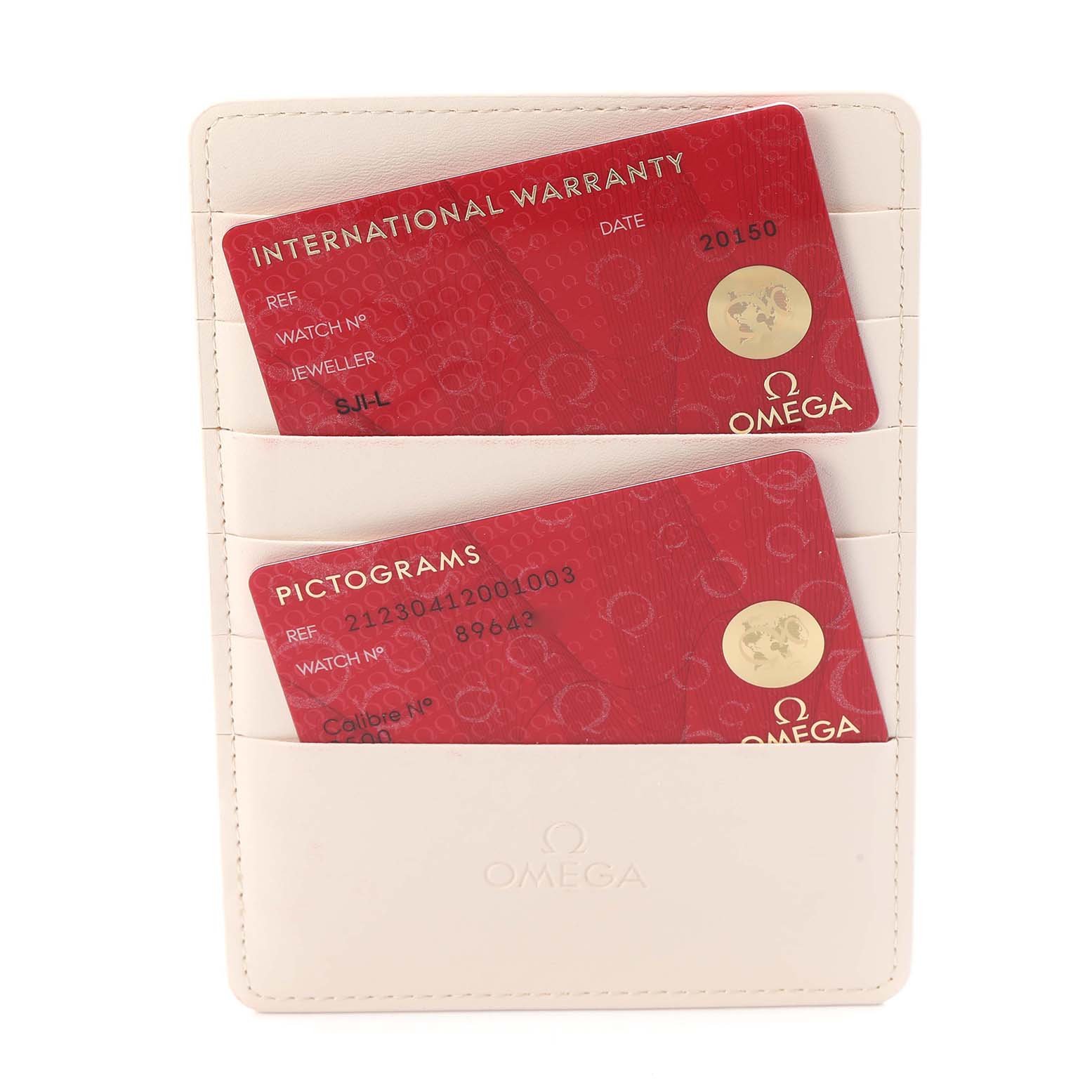 The image shows a top-down view of Omega Seamaster 212.30.41.20.01.003 Men
s Stainless Steel Black Dial watch accessories, including international warranty and pictogram cards.