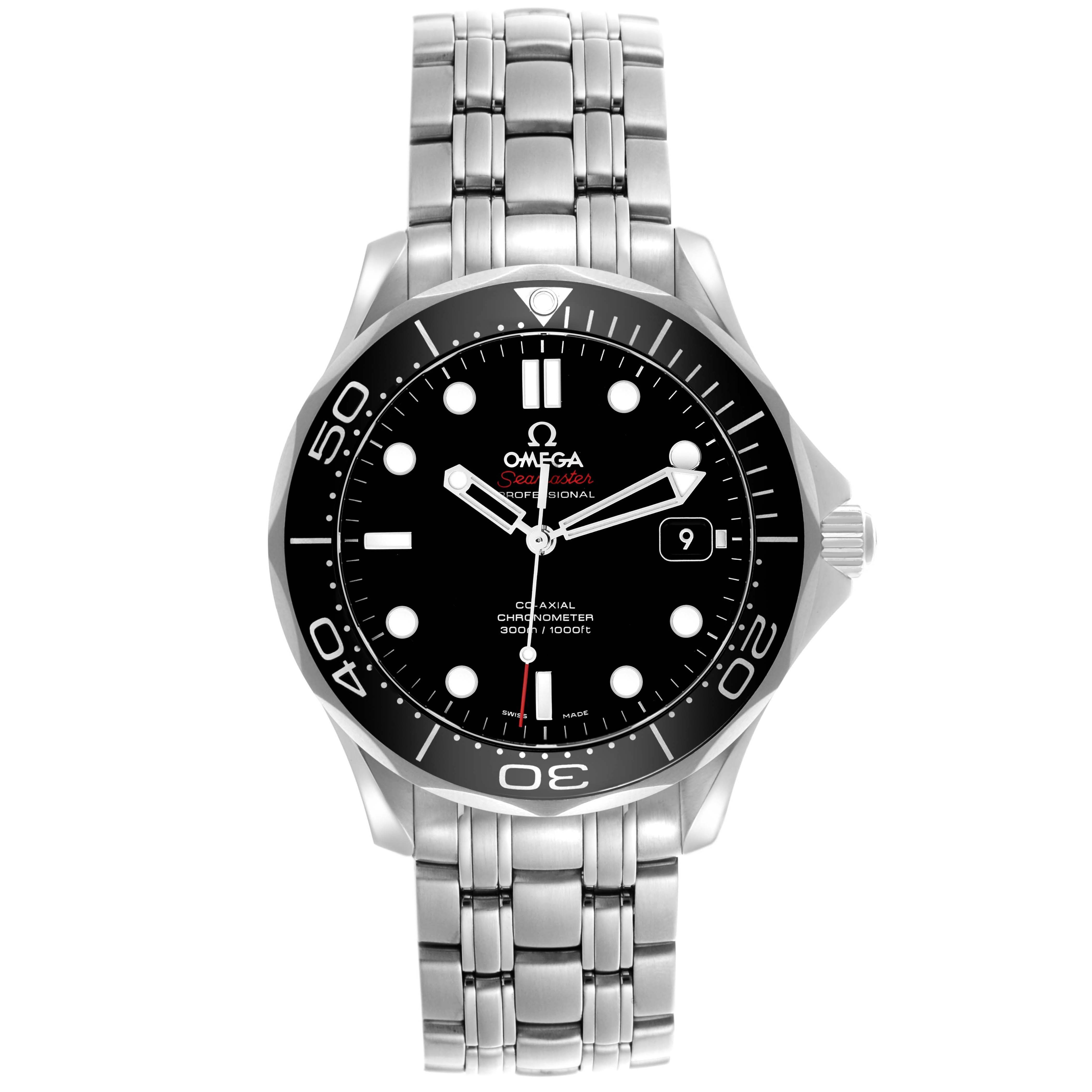 The Omega Seamaster 212.30.41.20.01.003 Men
s Stainless Steel Black Dial watch is shown from a top-down angle, displaying the face, bezel, and full bracelet.