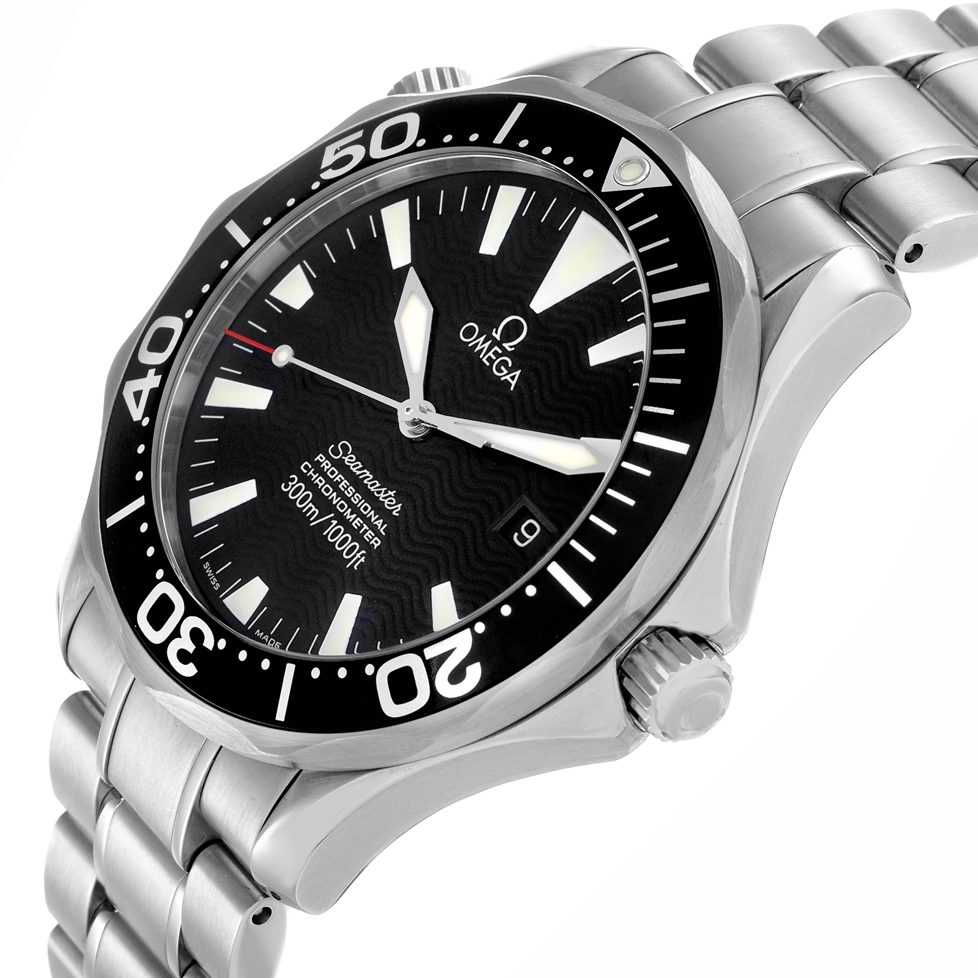 The Omega Seamaster 2254.50.00 Men
s Stainless Steel Black Dial watch is shown from a side angle, highlighting the bezel, dial, crown, and stainless steel bracelet.