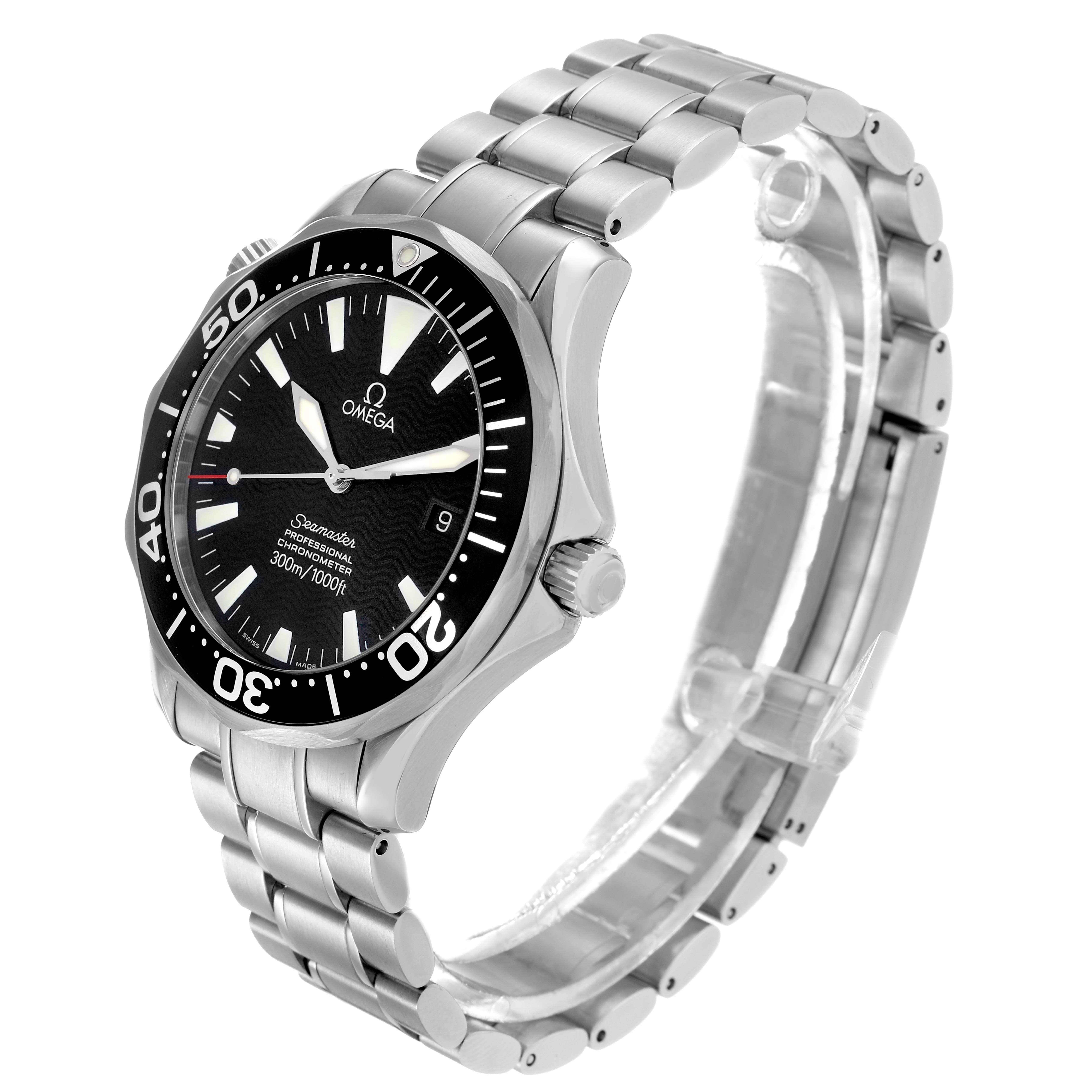 The Omega Seamaster 2254.50.00 Men
s Stainless Steel Black Dial watch is shown at an angle displaying the face, bezel, crown, and stainless steel bracelet.