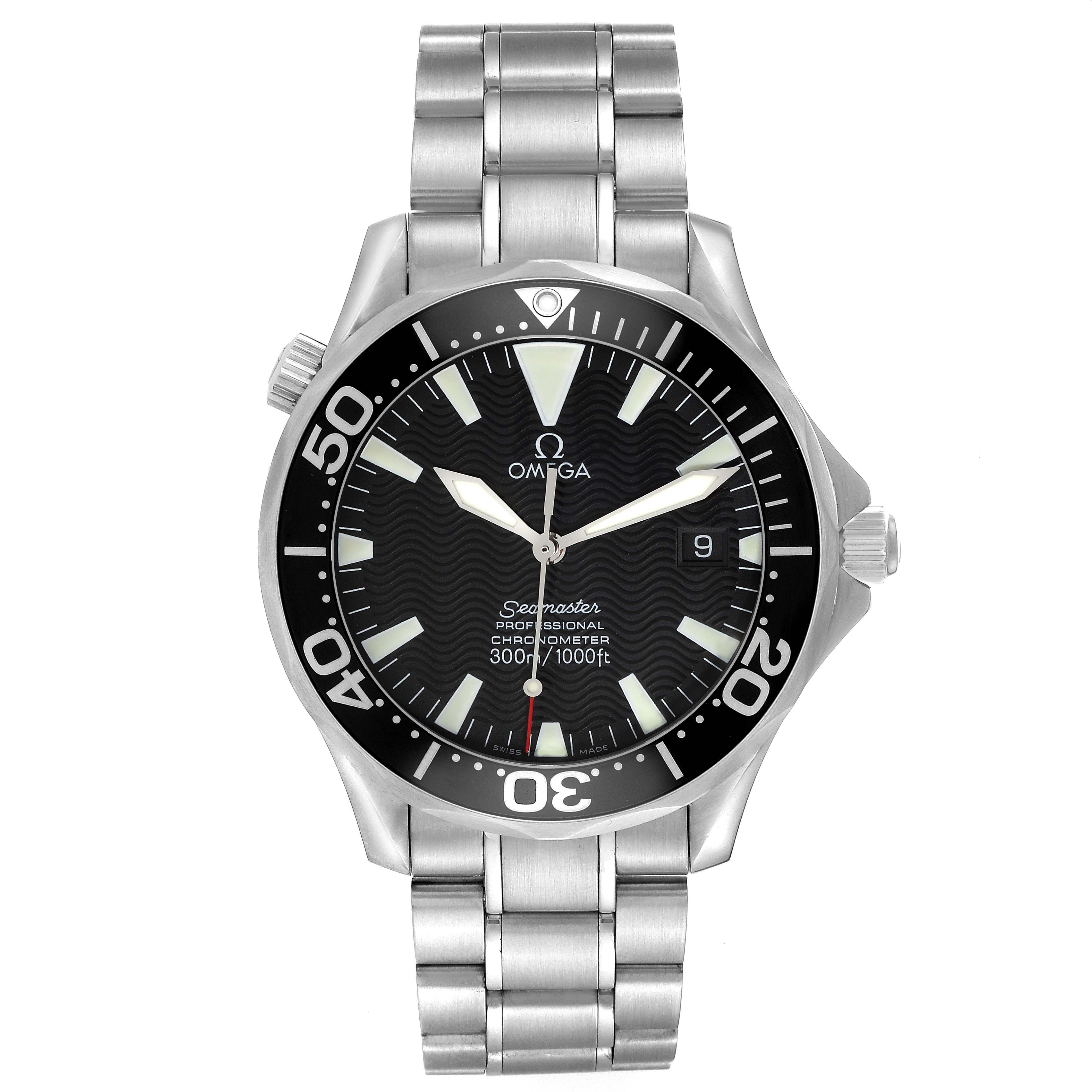 The Omega Seamaster 2254.50.00 Men
s Stainless Steel Black Dial watch is shown from a front angle, displaying the dial, bezel, and bracelet.