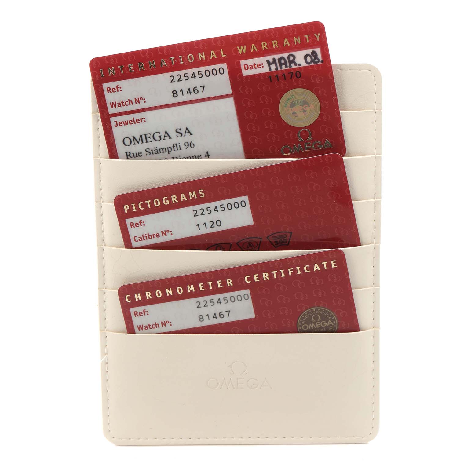 The image shows warranty cards and certificates for an Omega Seamaster 2254.50.00 Men
s Stainless Steel Black Dial, displayed in a white cardholder.