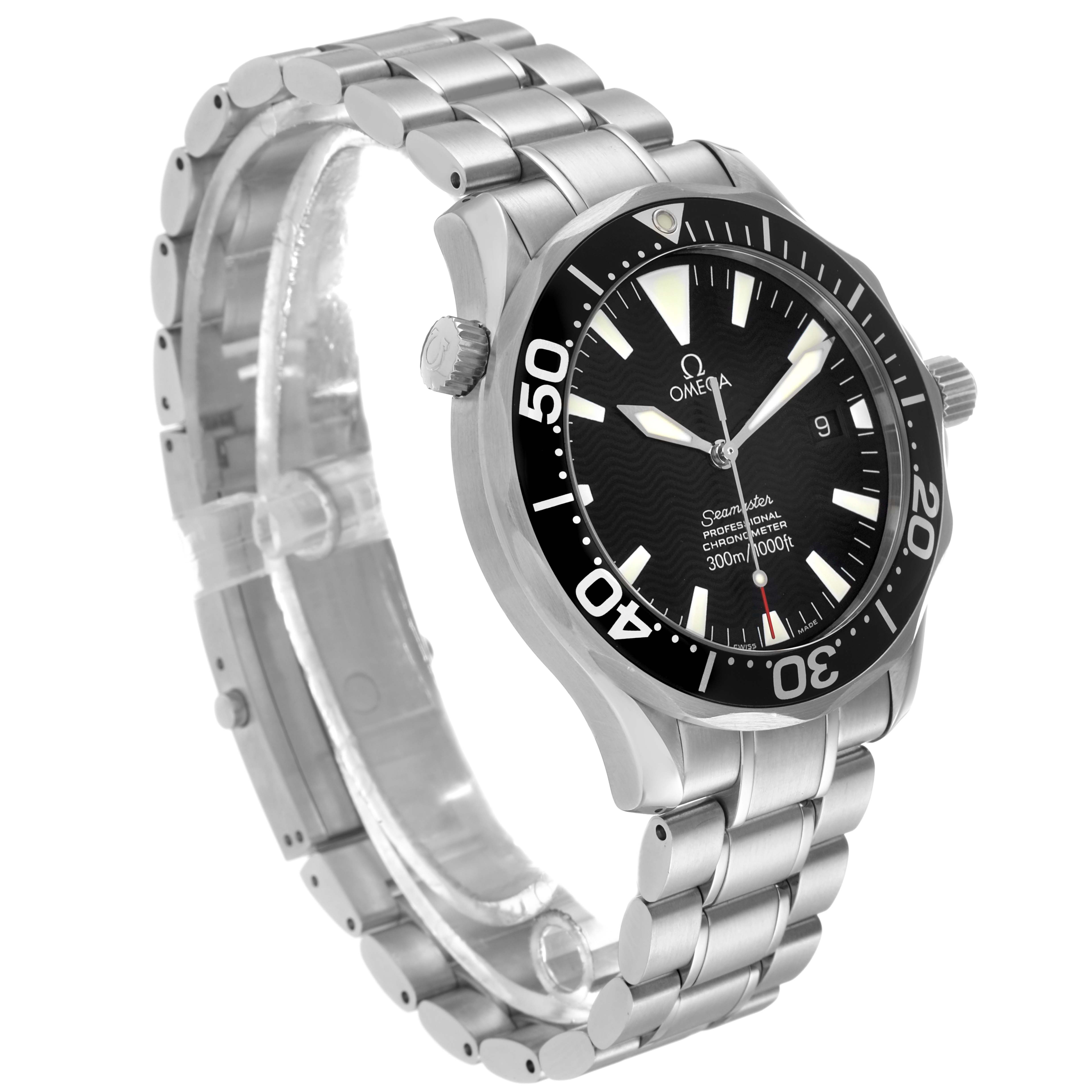 The Omega Seamaster 2254.50.00 Men
s Stainless Steel Black Dial watch is shown at an angle displaying the face, bezel, crown, and stainless steel bracelet.