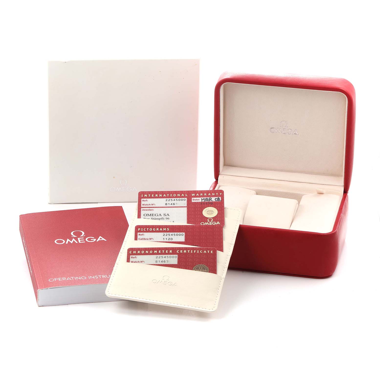 The image shows an Omega Seamaster 2254.50.00 Men
s Stainless Steel Black Dial packaging with a red box, instruction manual, warranty cards, and a certificate.